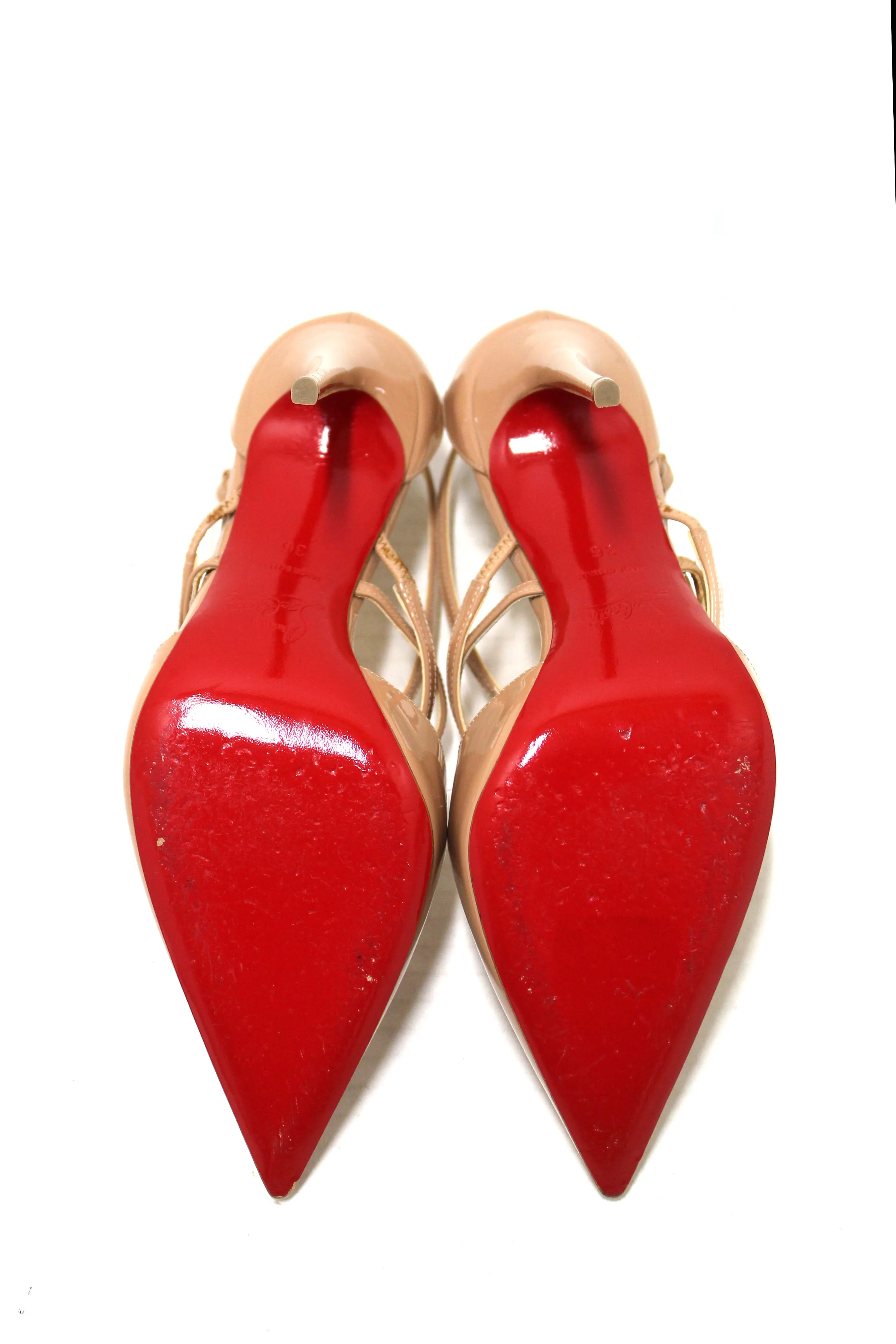 Authentic Christian Louboutin Beige Patent Leather Crossfliketa 100 Pumps Size 35