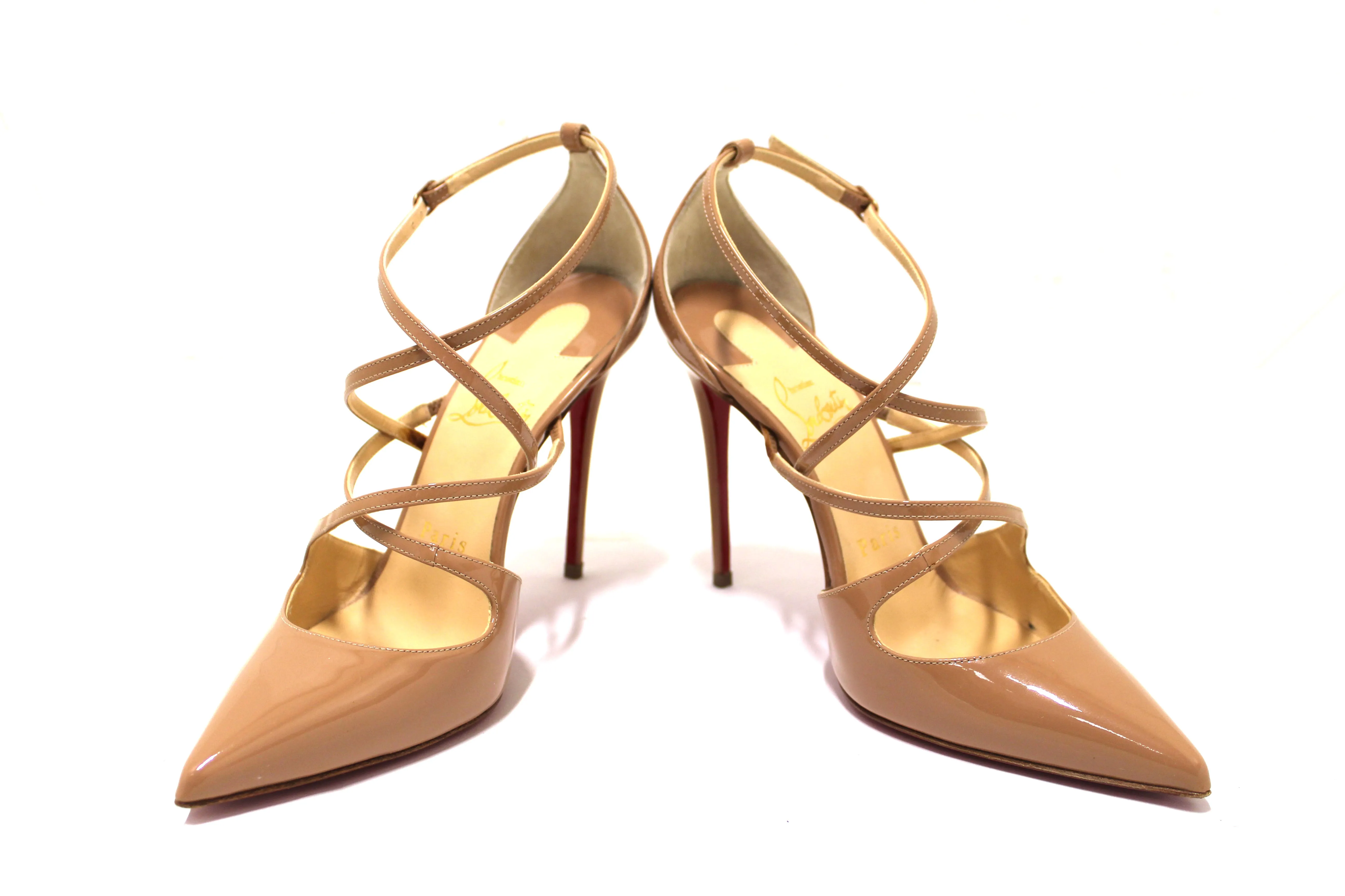 Authentic Christian Louboutin Beige Patent Leather Crossfliketa 100 Pumps Size 35
