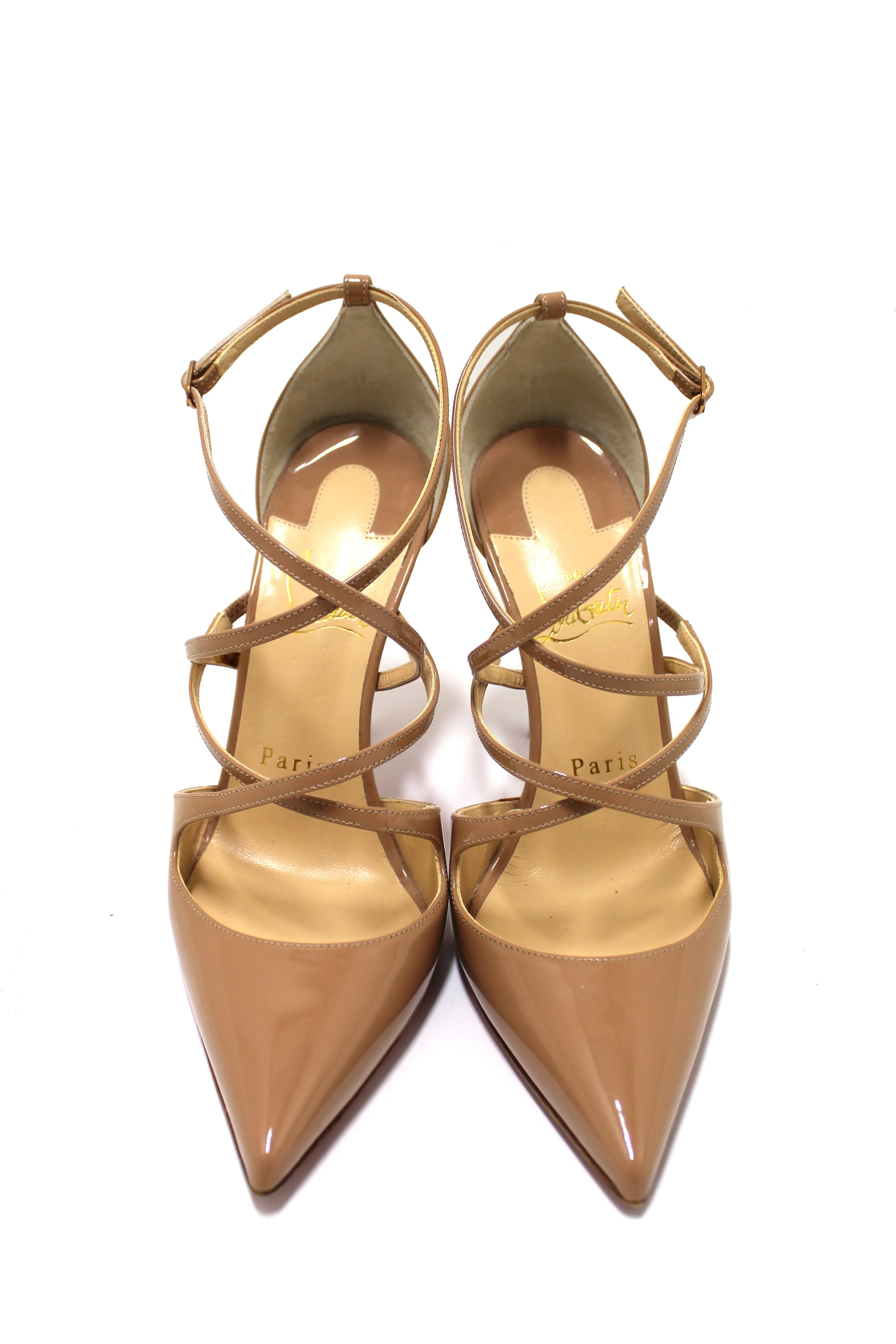 Authentic Christian Louboutin Beige Patent Leather Crossfliketa 100 Pumps Size 35