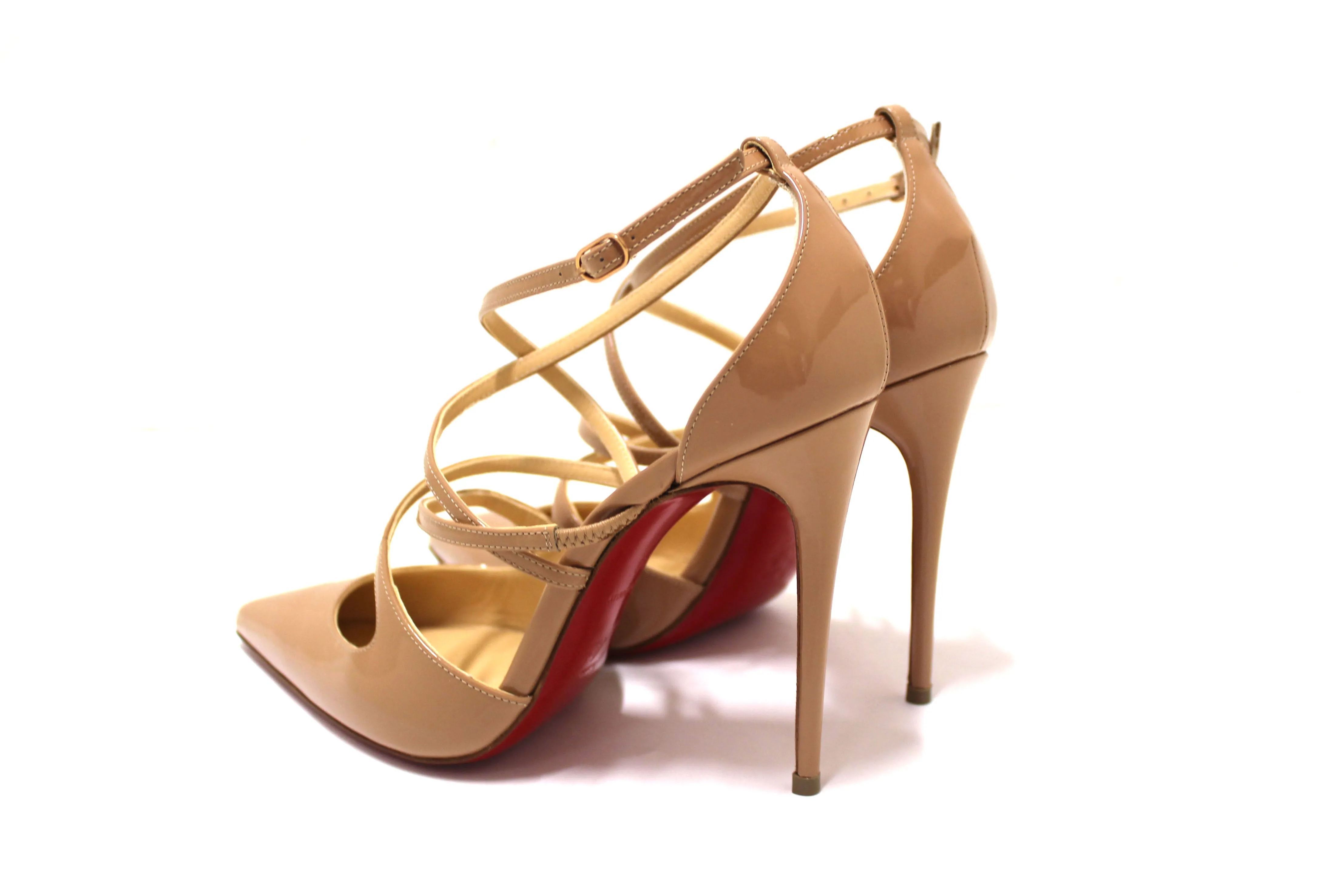 Authentic Christian Louboutin Beige Patent Leather Crossfliketa 100 Pumps Size 35