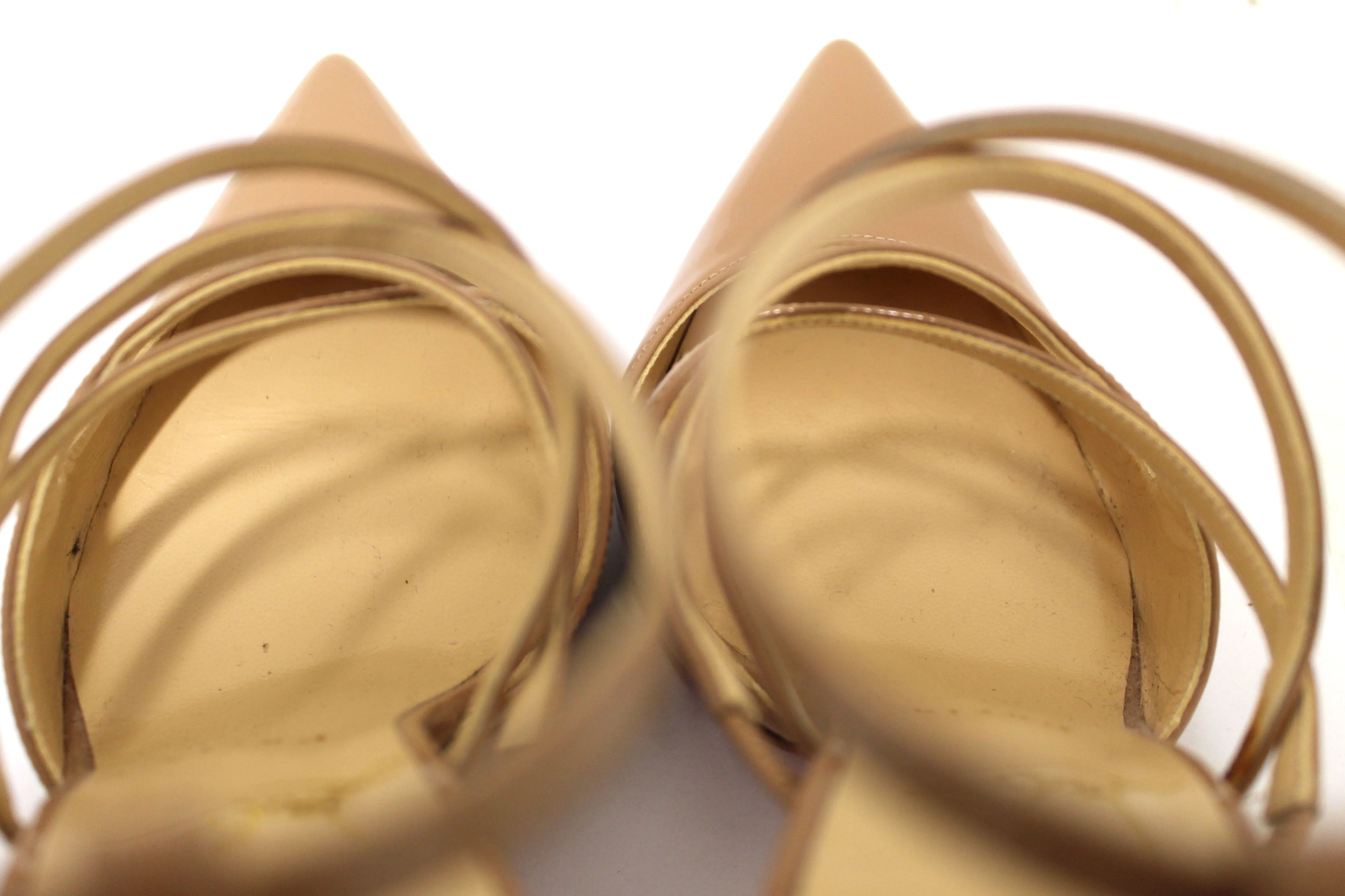 Authentic Christian Louboutin Beige Patent Leather Crossfliketa 100 Pumps Size 35