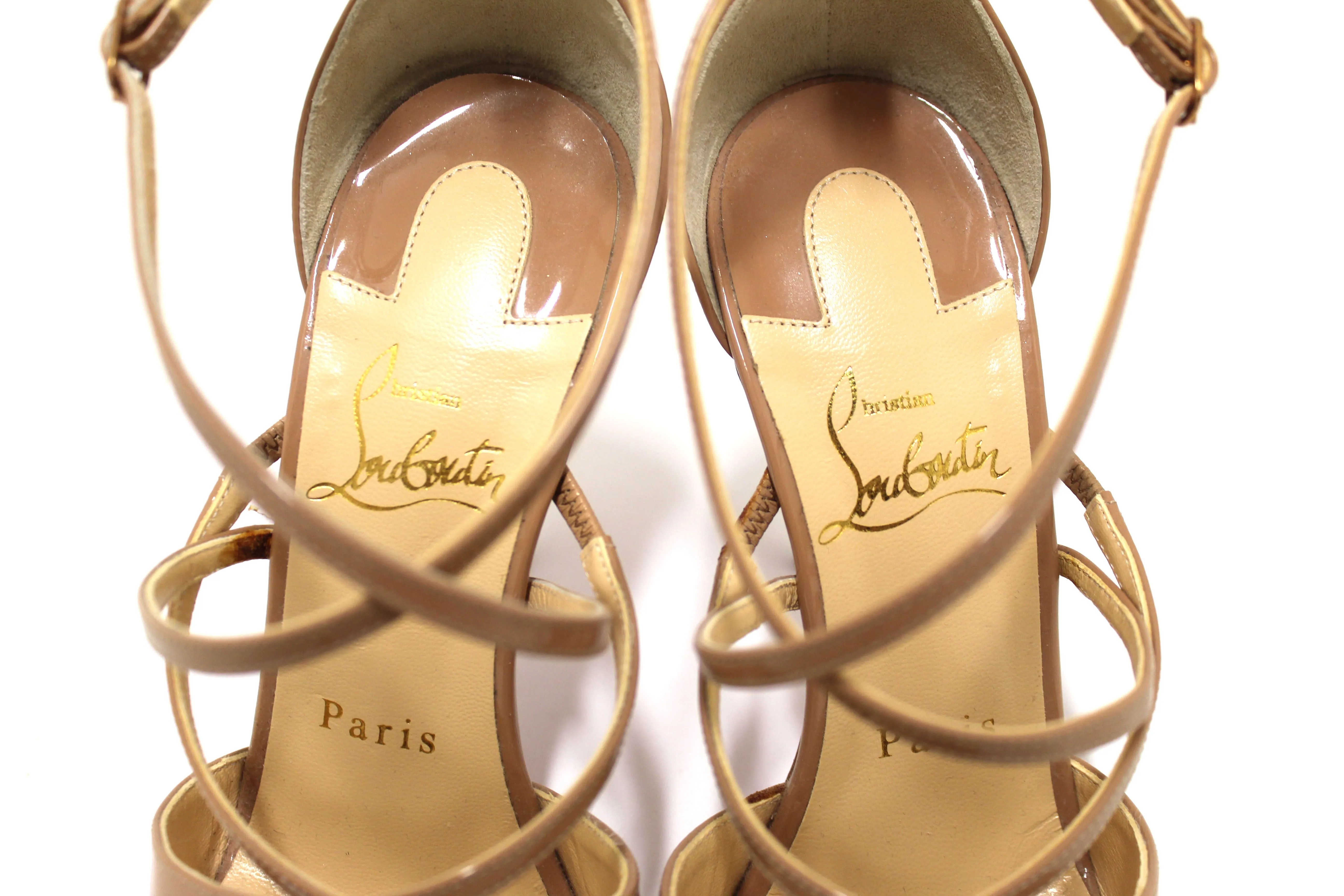Authentic Christian Louboutin Beige Patent Leather Crossfliketa 100 Pumps Size 35