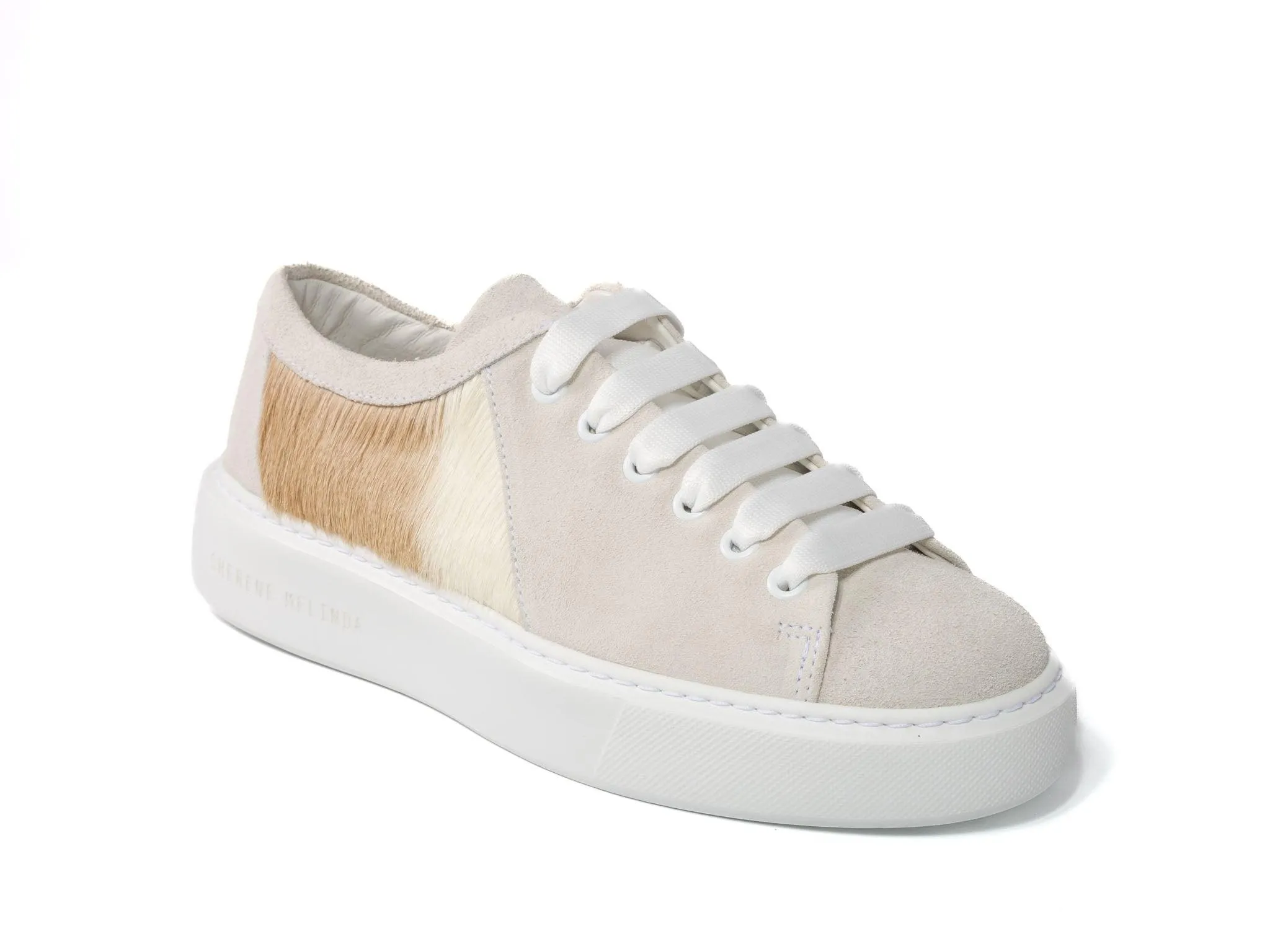 Beige Stripe Hair-on-hide Trainer with White Suede Leather