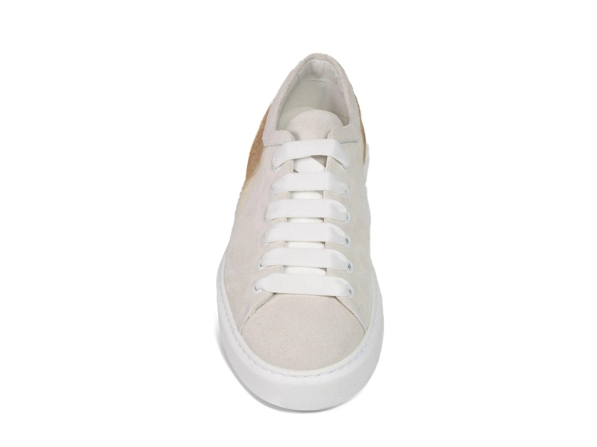 Beige Stripe Hair-on-hide Trainer with White Suede Leather