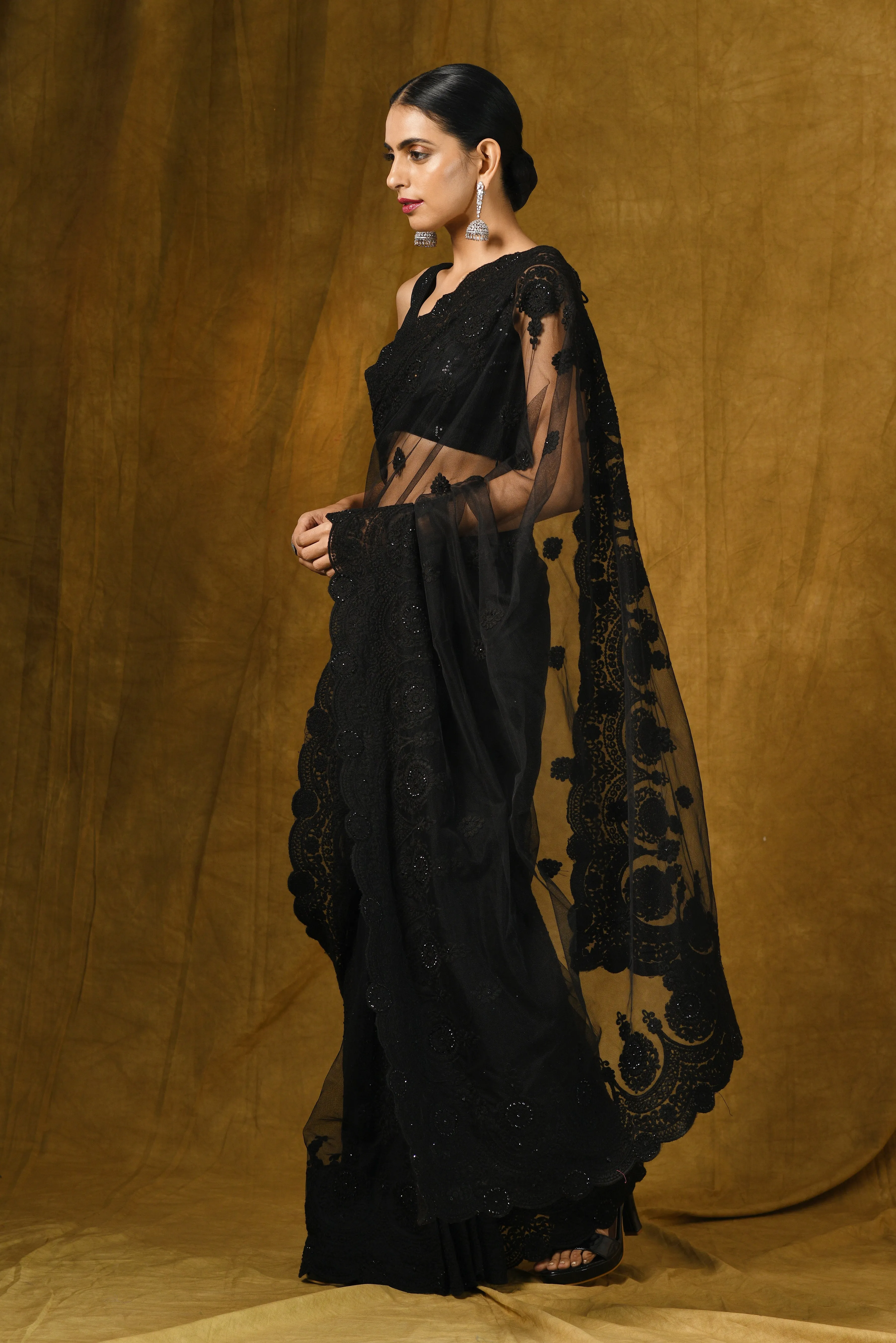 Black Net Saree with Embroidery & Scalloping