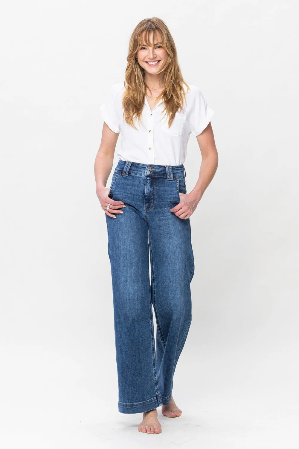 Clementine High Rise Double Button Wide Leg Denim Jeans