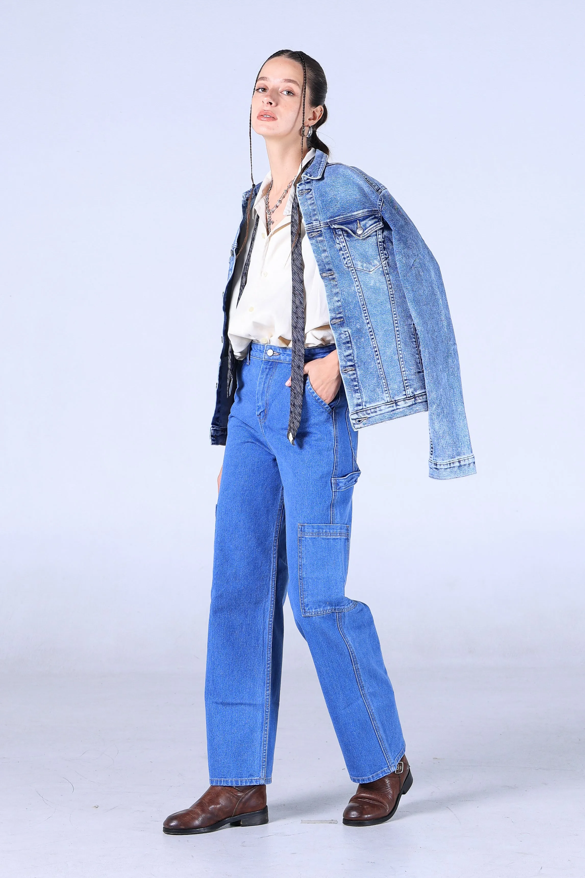 Jack Russel - Women Cargo Jeans - Handwerk JF-140 Straight Fit Blue High Waisted