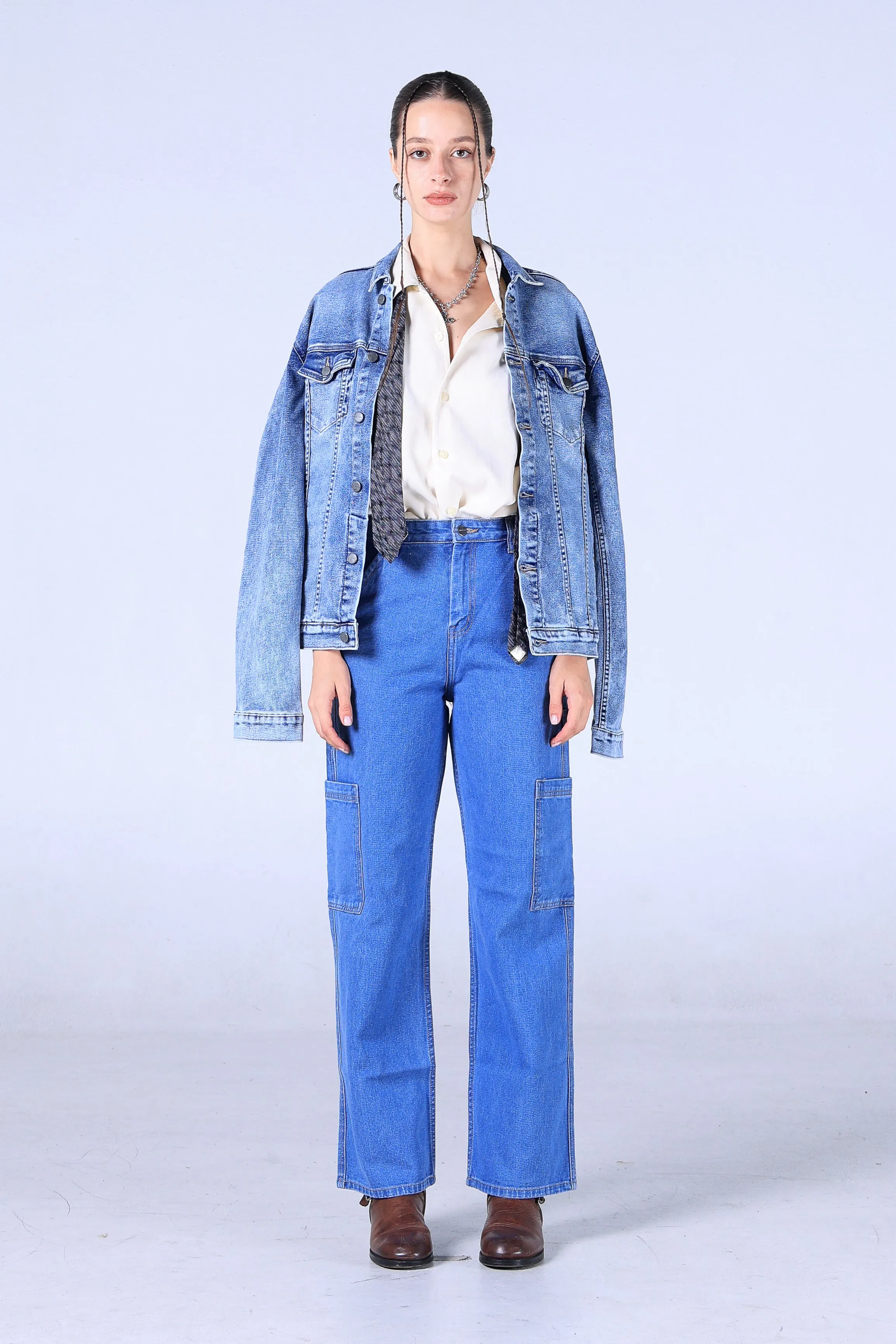 Jack Russel - Women Cargo Jeans - Handwerk JF-140 Straight Fit Blue High Waisted