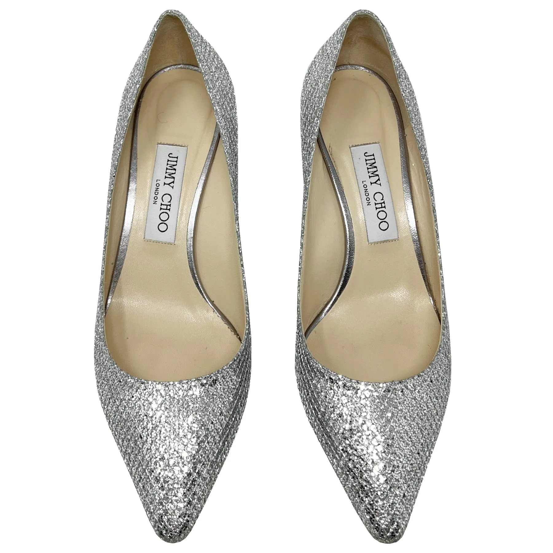 Jimmy Choo Romy 60 Silver Glitter Low Heel Pumps Size EU 38.5