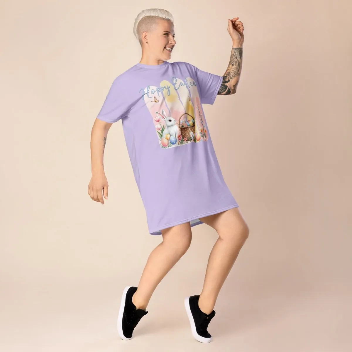 Lavender Hoppy Easter Brushstroke Design Oversized T-shirt Dress 2XS-6XL Cute, Pastel Spring Apparel