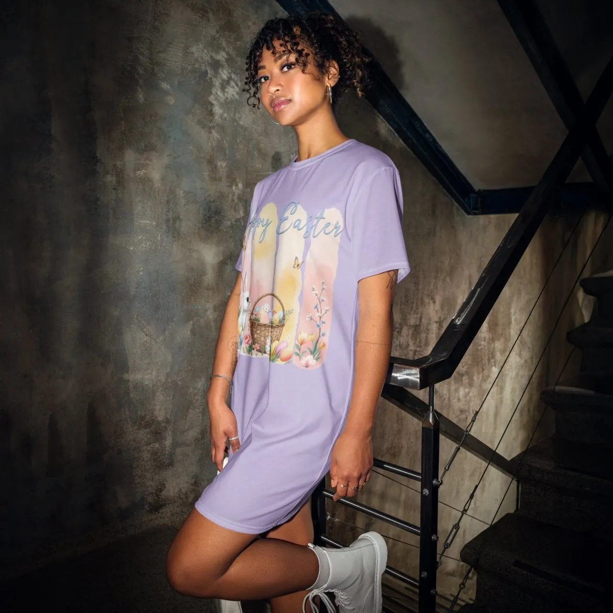 Lavender Hoppy Easter Brushstroke Design Oversized T-shirt Dress 2XS-6XL Cute, Pastel Spring Apparel