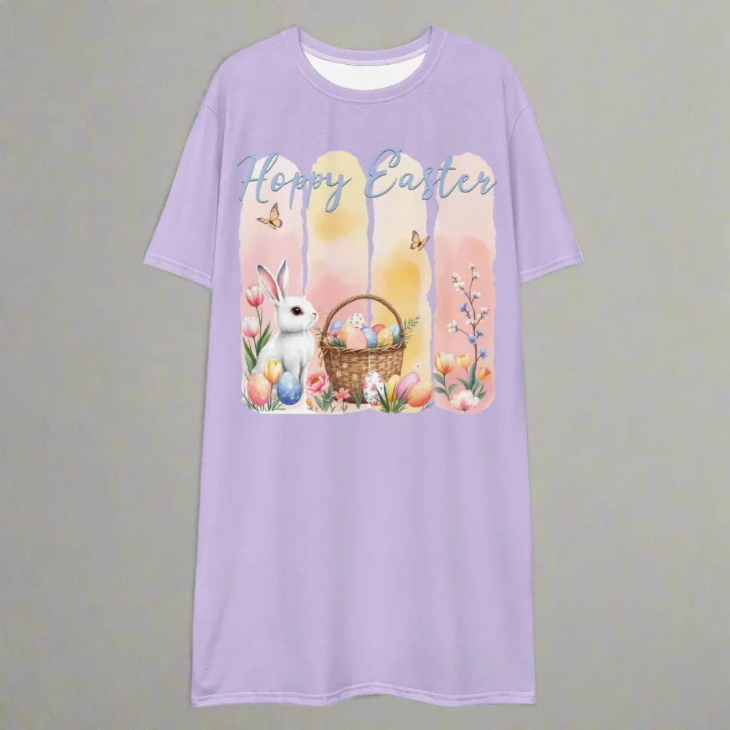 Lavender Hoppy Easter Brushstroke Design Oversized T-shirt Dress 2XS-6XL Cute, Pastel Spring Apparel
