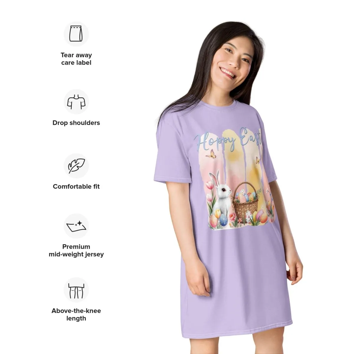 Lavender Hoppy Easter Brushstroke Design Oversized T-shirt Dress 2XS-6XL Cute, Pastel Spring Apparel