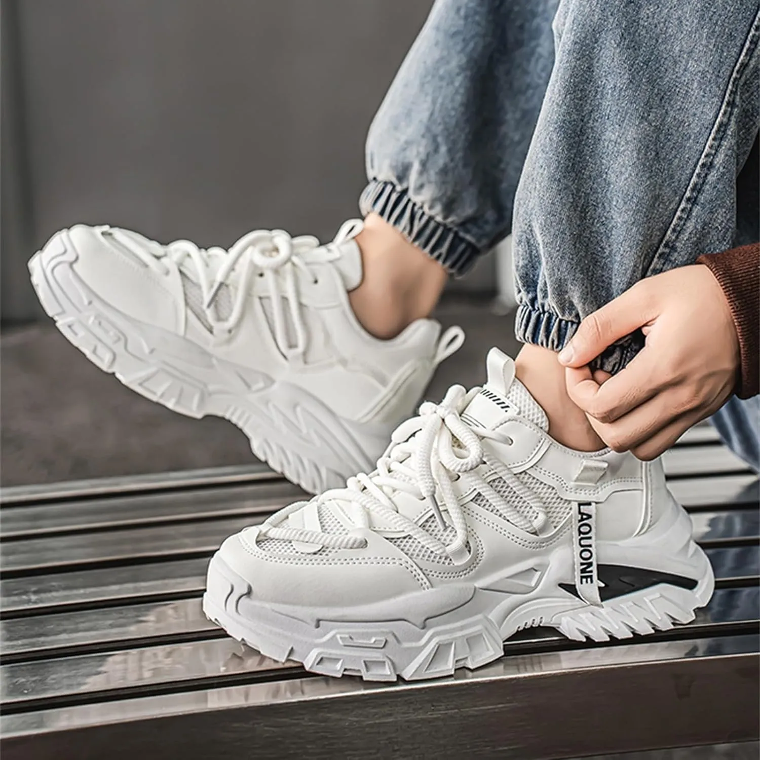 Leather Chunky Sneakers for Men Fashion Platform Casual Dad Shoes Comfortable Non-Slip Wedge Walking Sport Driving Workout Shoes