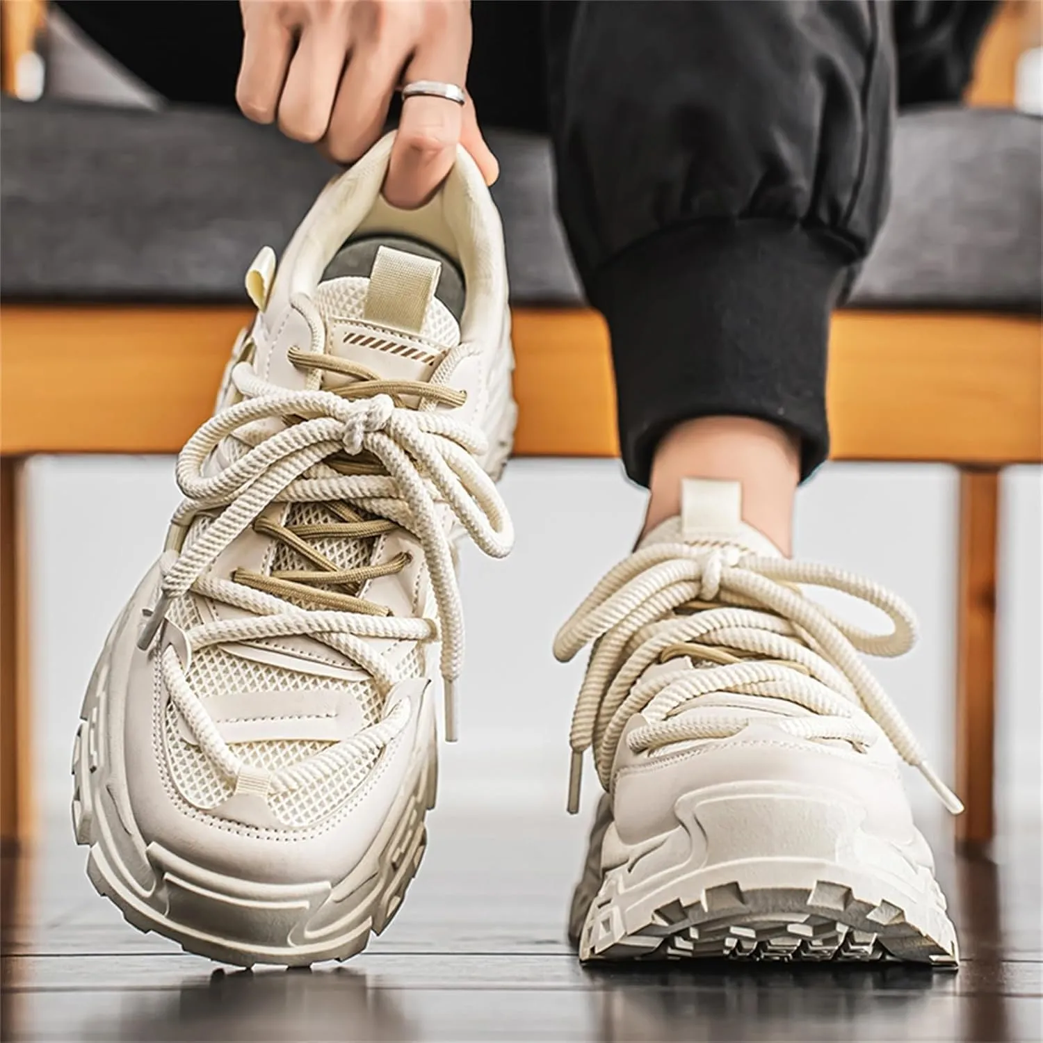 Leather Chunky Sneakers for Men Fashion Platform Casual Dad Shoes Comfortable Non-Slip Wedge Walking Sport Driving Workout Shoes