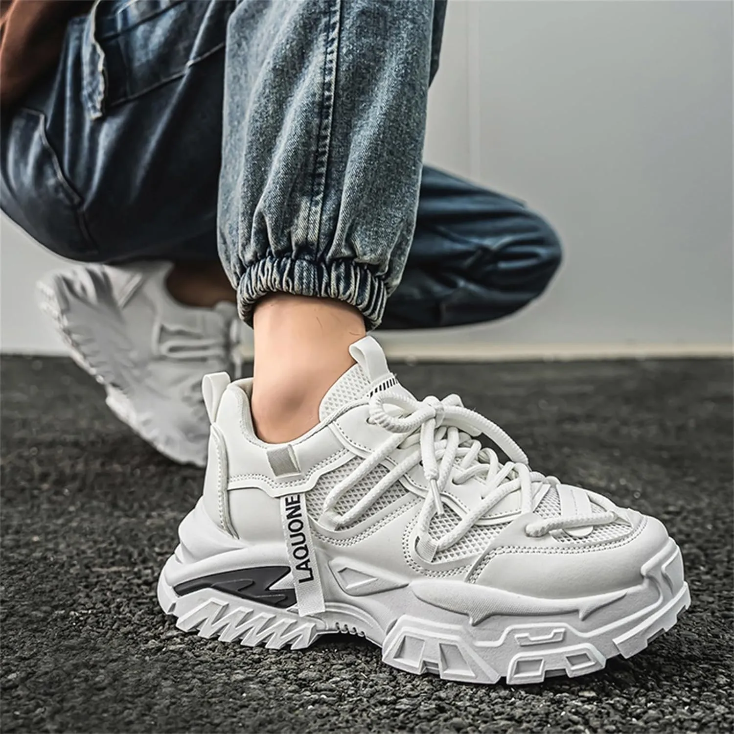 Leather Chunky Sneakers for Men Fashion Platform Casual Dad Shoes Comfortable Non-Slip Wedge Walking Sport Driving Workout Shoes