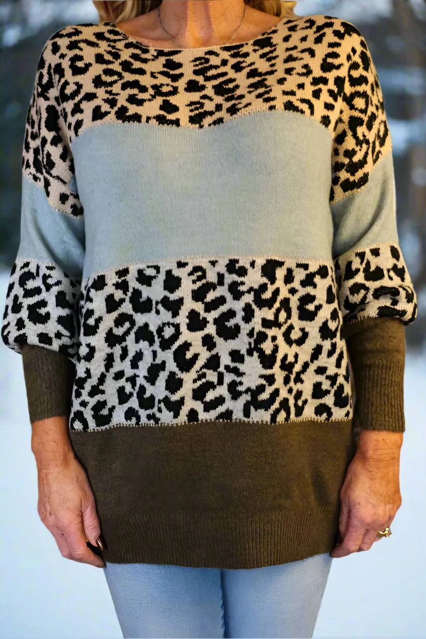 Look Mode Leopard Print Colorblock Sweater In Green