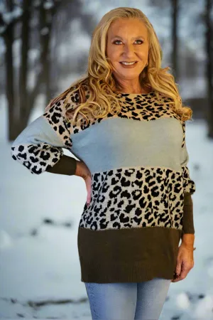 Look Mode Leopard Print Colorblock Sweater In Green
