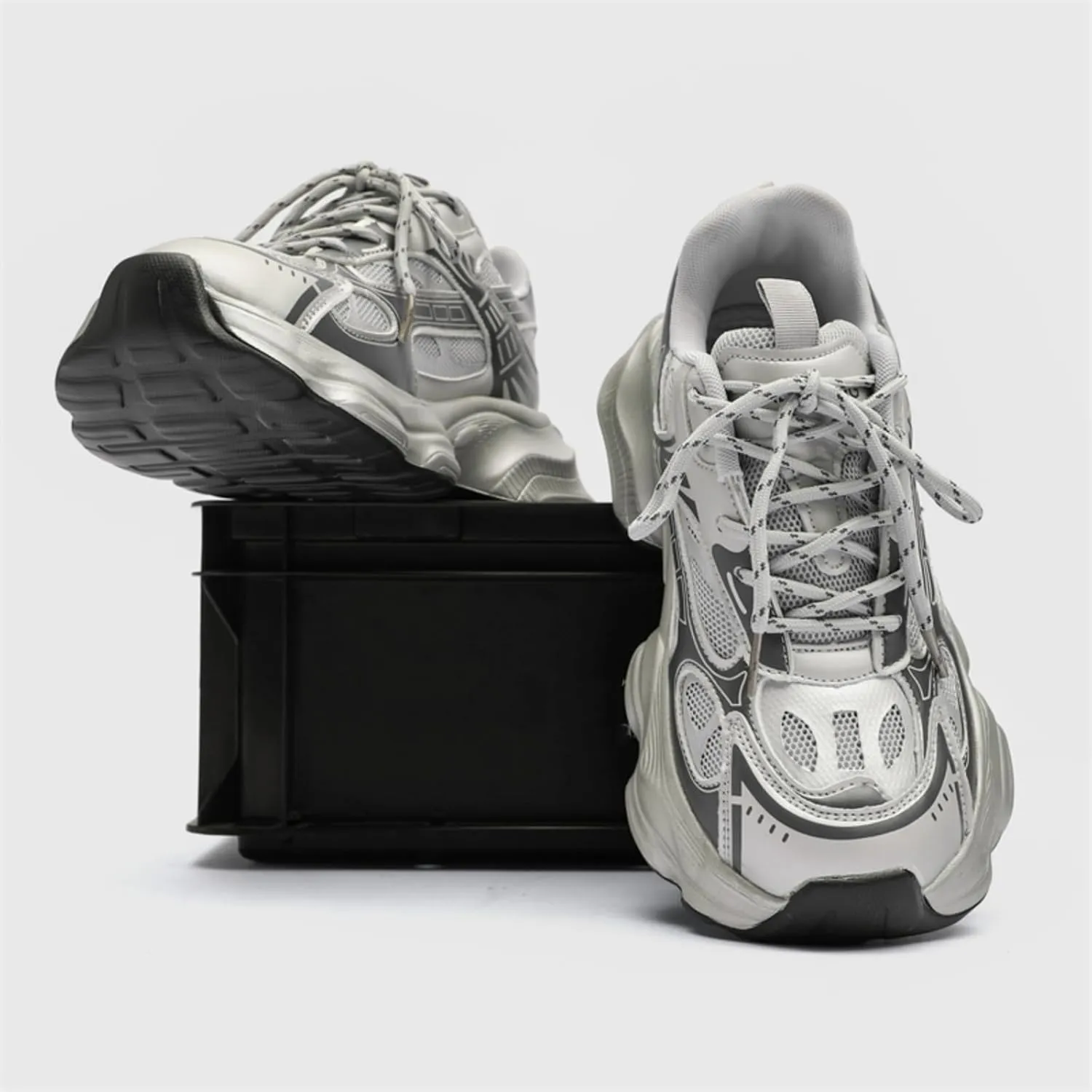 Men's Breathable Mesh Chunky Heels Lace Up Sneakers Fashion Mid Top Height Gain Platform Non Slip Dad Shoes for Daily Walking Running