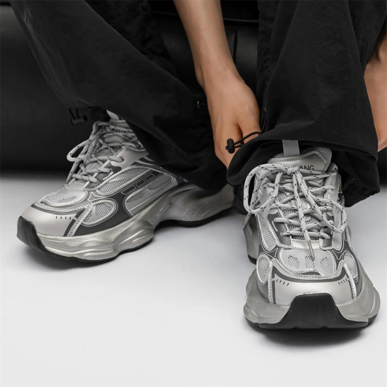Men's Breathable Mesh Chunky Heels Lace Up Sneakers Fashion Mid Top Height Gain Platform Non Slip Dad Shoes for Daily Walking Running