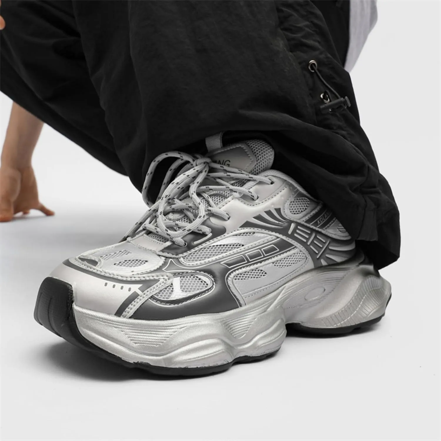 Men's Breathable Mesh Chunky Heels Lace Up Sneakers Fashion Mid Top Height Gain Platform Non Slip Dad Shoes for Daily Walking Running