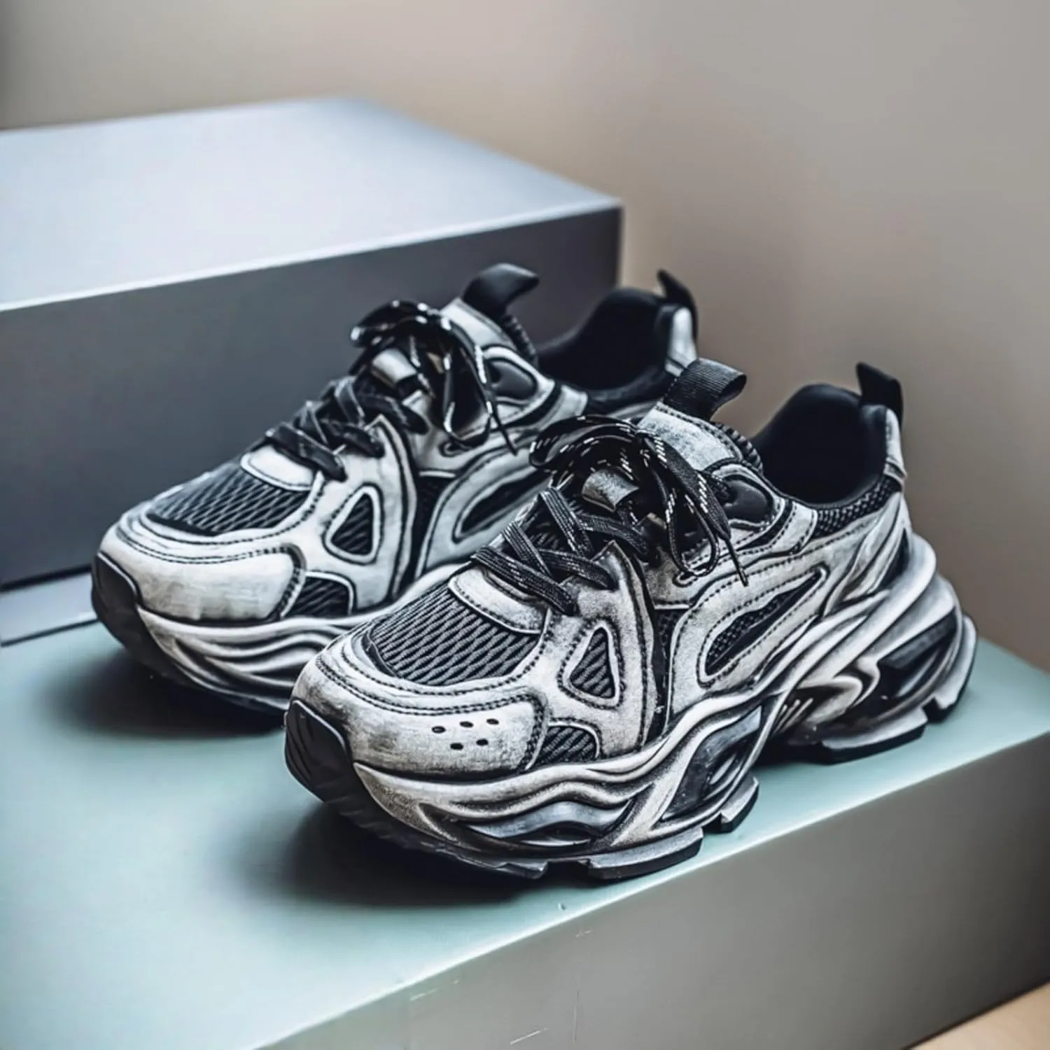 Men's Fashion Breathable Mesh Chunky Lace Up Sneakers Casual Platform Non Slip Round Toe Walking Tennis Shoes Dad Sneakers