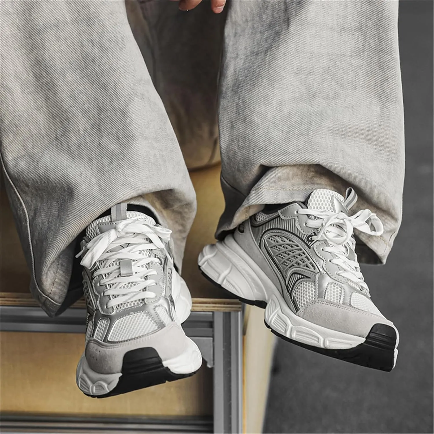 Men's Fashion Chunky Platform Lace-Up Mesh Sneakers Casual Lightweight Round Toe Autumn Trainers Walking Travel Dad Shoes