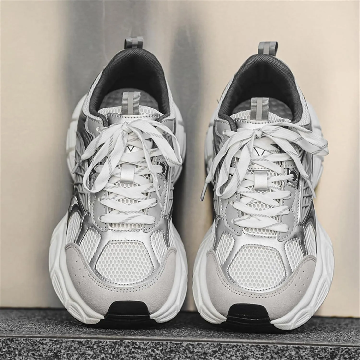 Men's Fashion Chunky Platform Lace-Up Mesh Sneakers Casual Lightweight Round Toe Autumn Trainers Walking Travel Dad Shoes