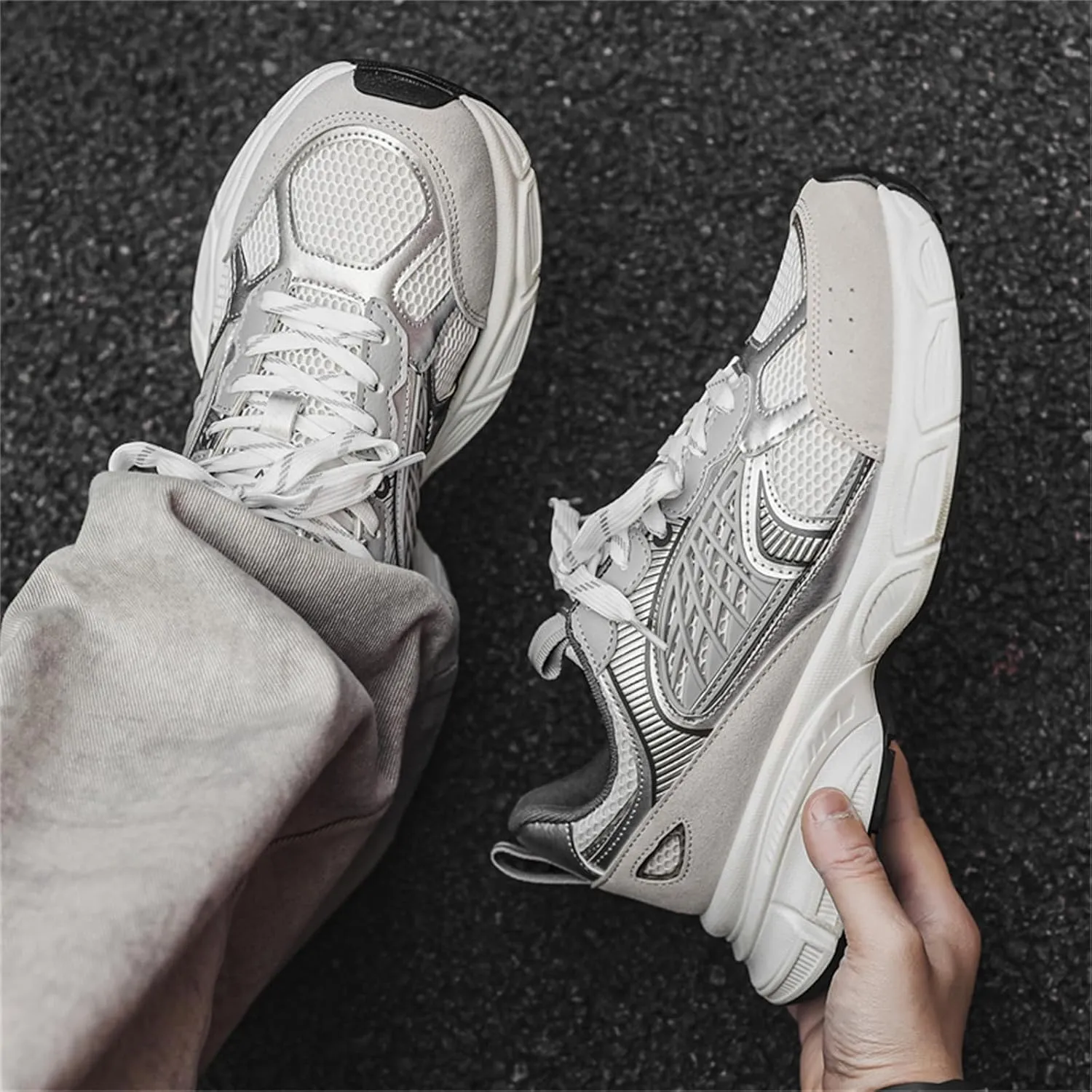 Men's Fashion Chunky Platform Lace-Up Mesh Sneakers Casual Lightweight Round Toe Autumn Trainers Walking Travel Dad Shoes