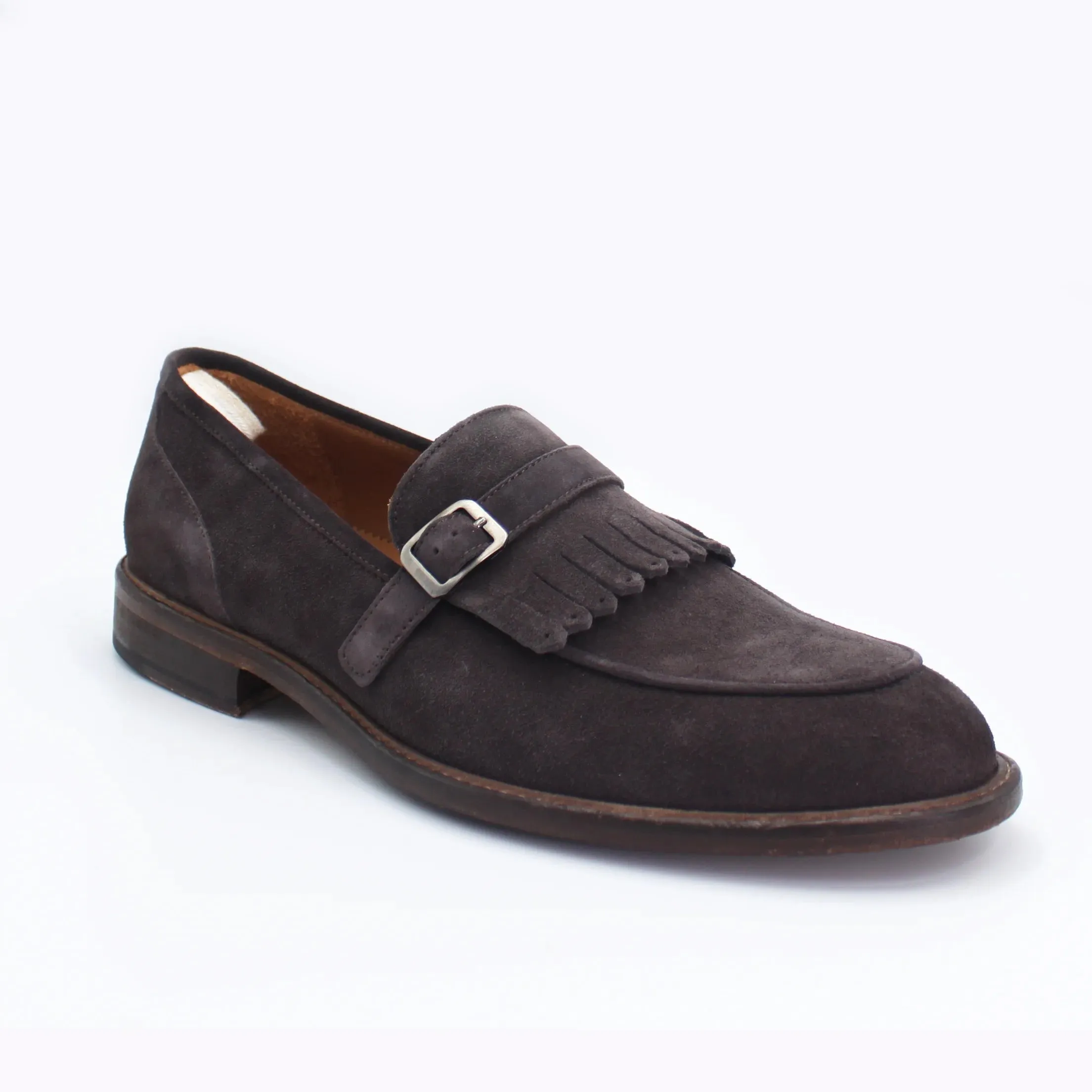 Men's Genuine Suede Leather Moccasin with Buckle in Testa di Moro  (AC337)
