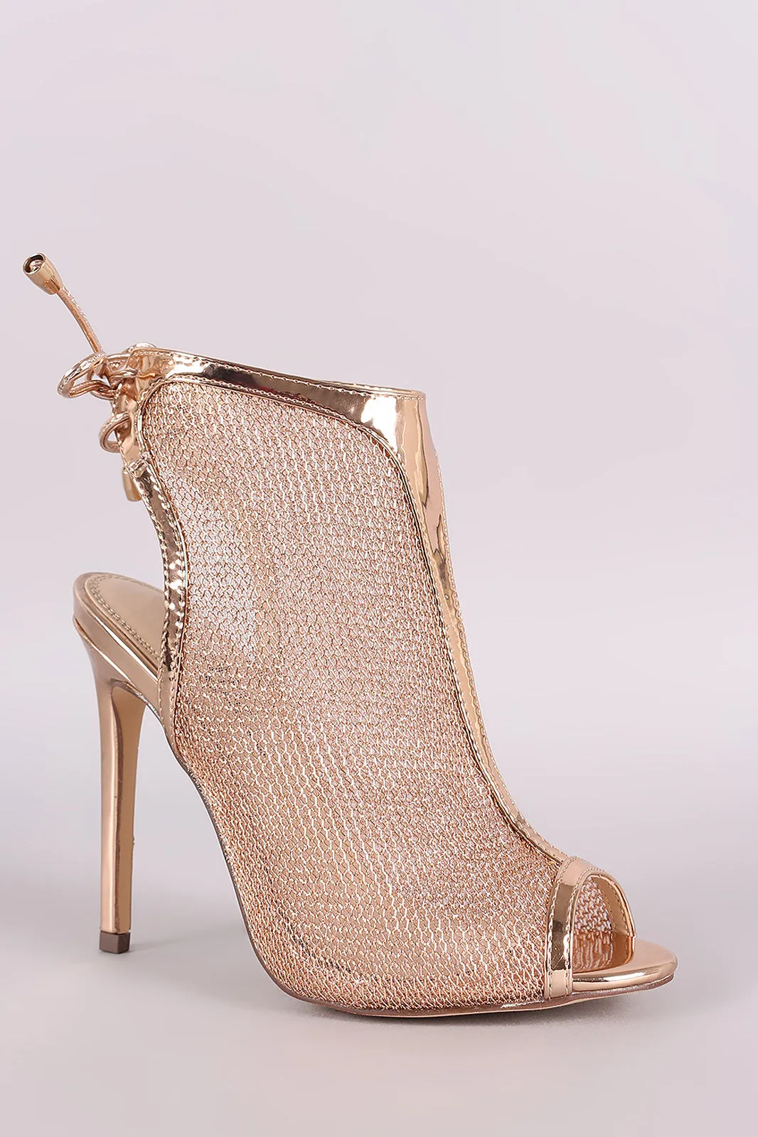 Patent Mesh Back Lace-Up Mule Heeled Booties