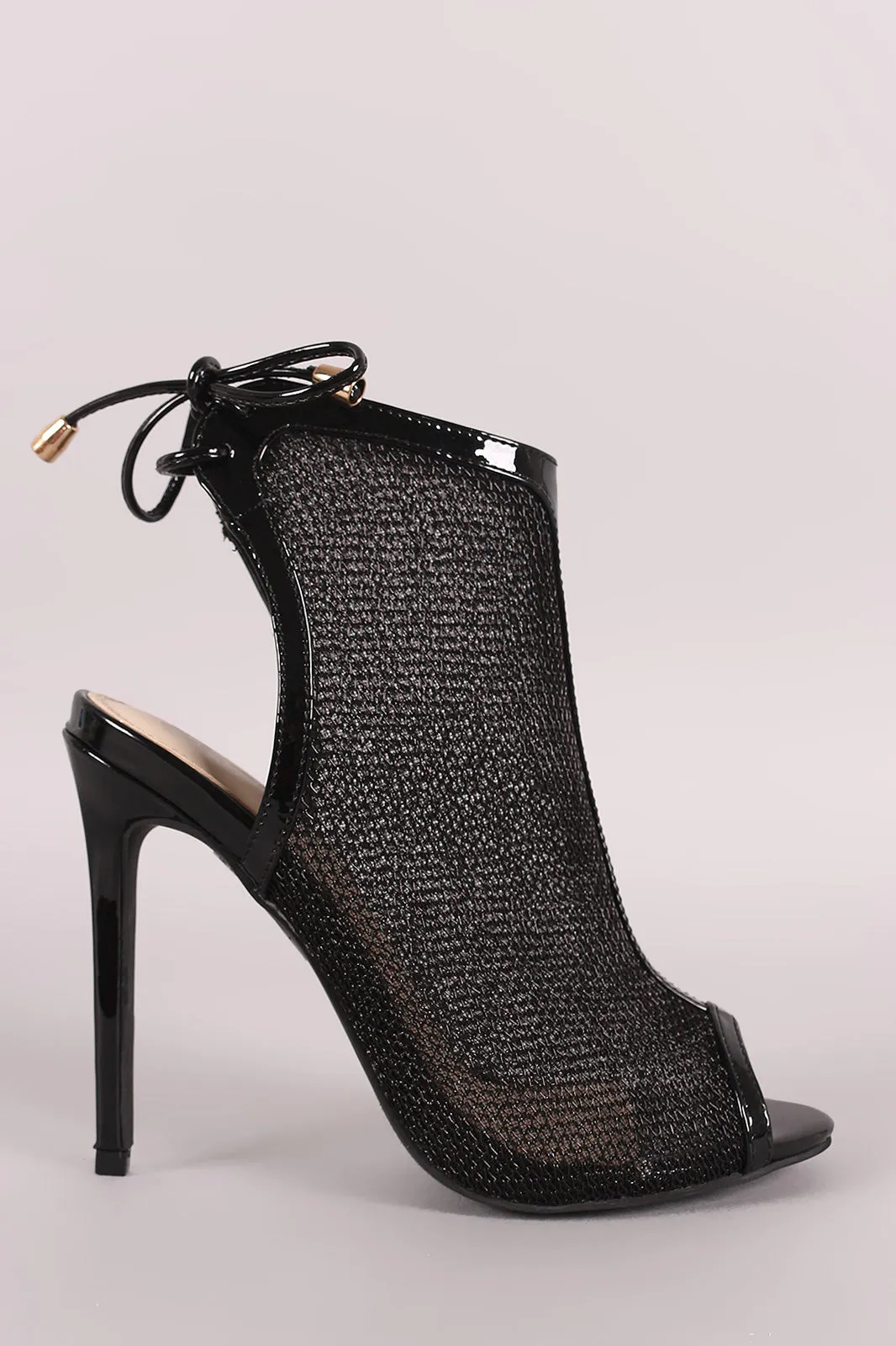 Patent Mesh Back Lace-Up Mule Heeled Booties