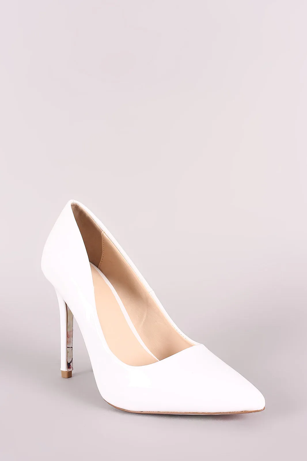 Qupid Patent Pointy Toe Floral Outsole Pump
