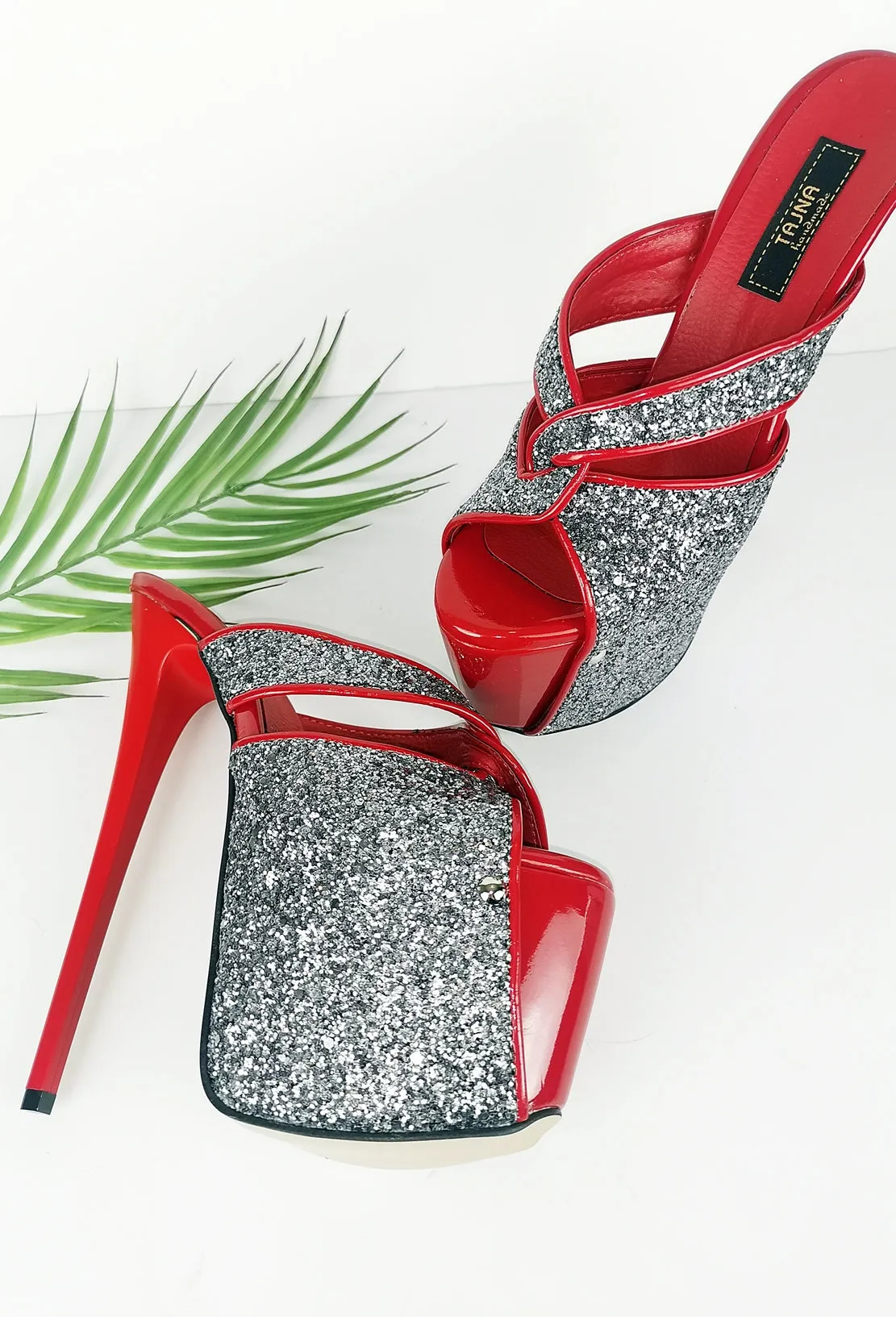 Red Silver Glitter Detail Stiletto Mules