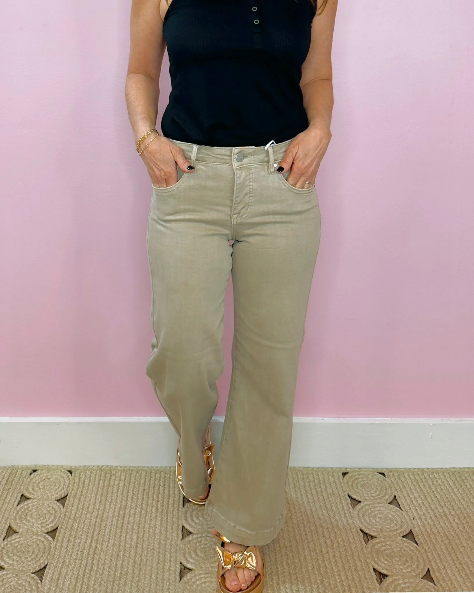 Taupe Babe Tummy-Control Wide-Leg Crop Risen Jeans