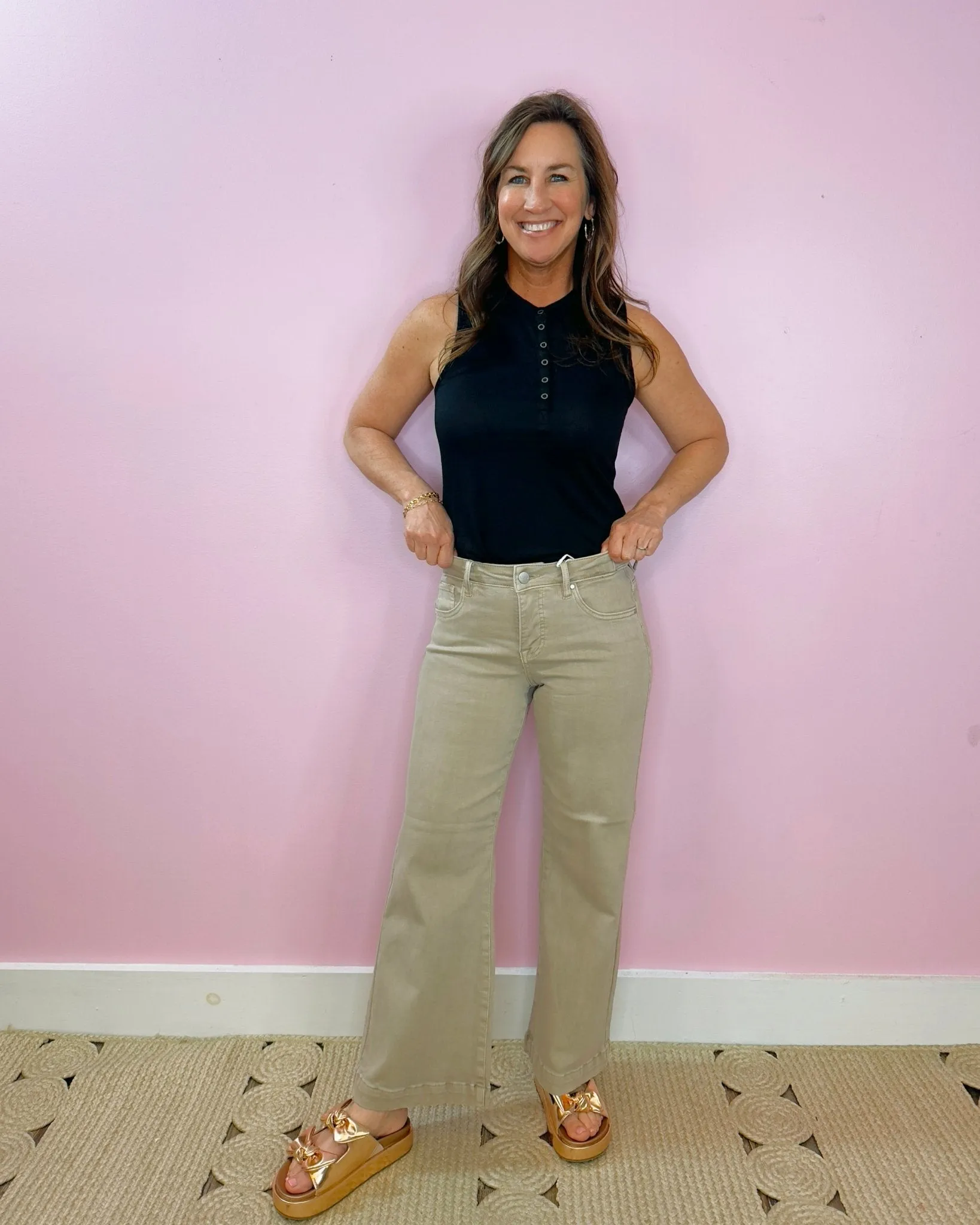 Taupe Babe Tummy-Control Wide-Leg Crop Risen Jeans