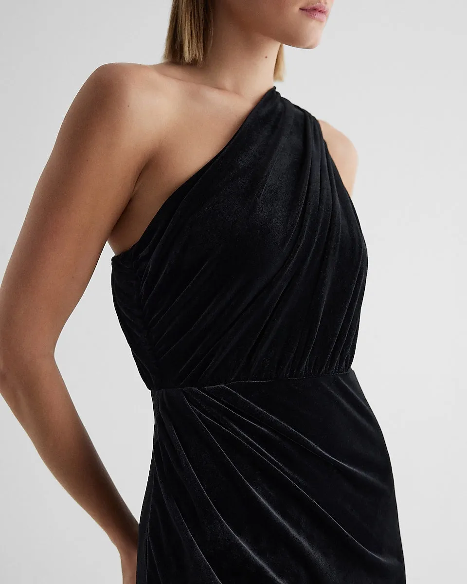 Velvet One Shoulder Ruched Maxi Dress in Pitch Black