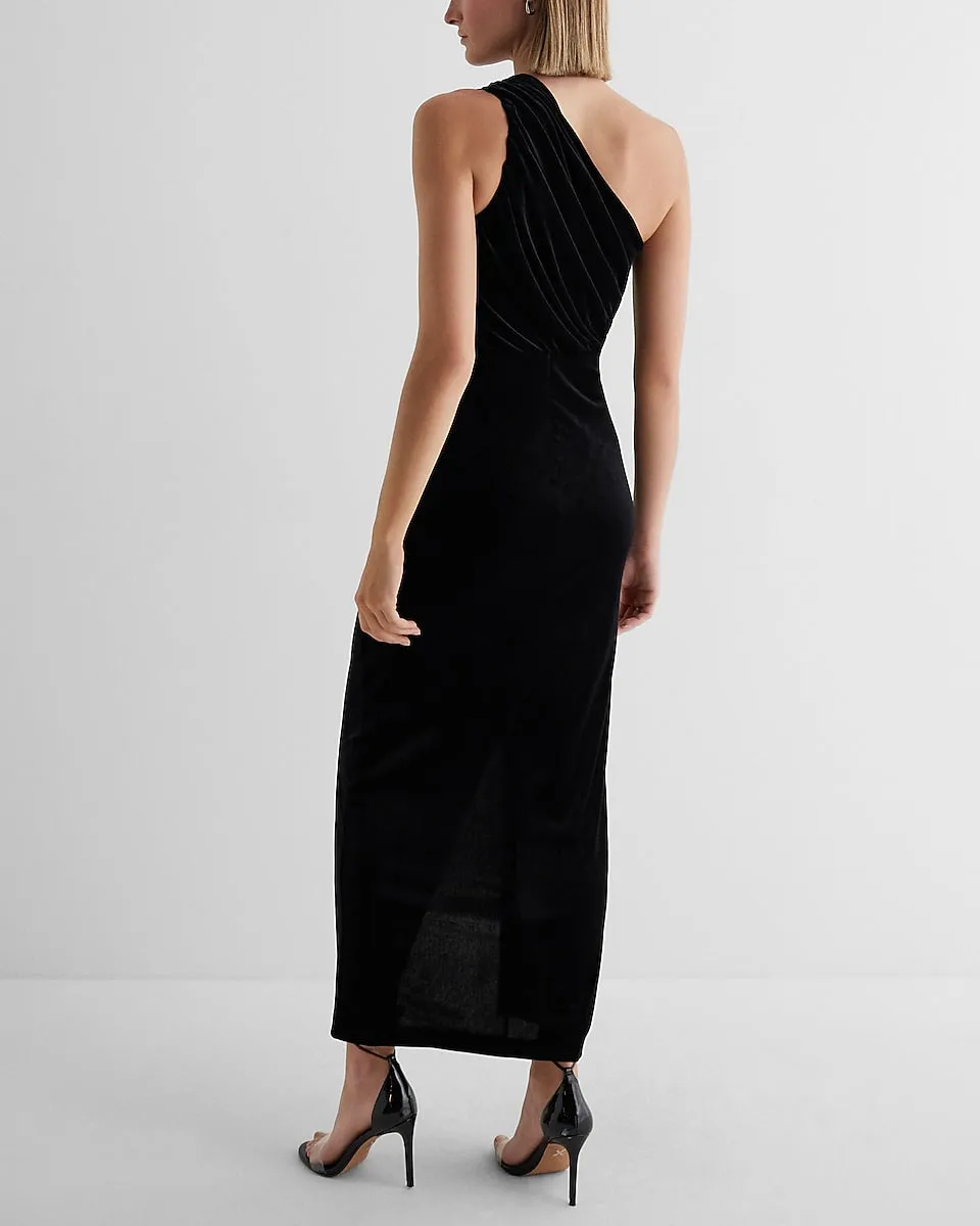 Velvet One Shoulder Ruched Maxi Dress in Pitch Black
