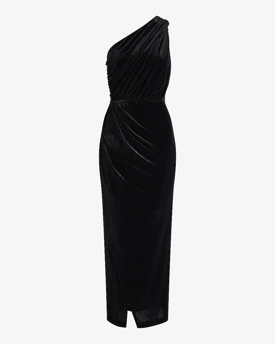Velvet One Shoulder Ruched Maxi Dress in Pitch Black