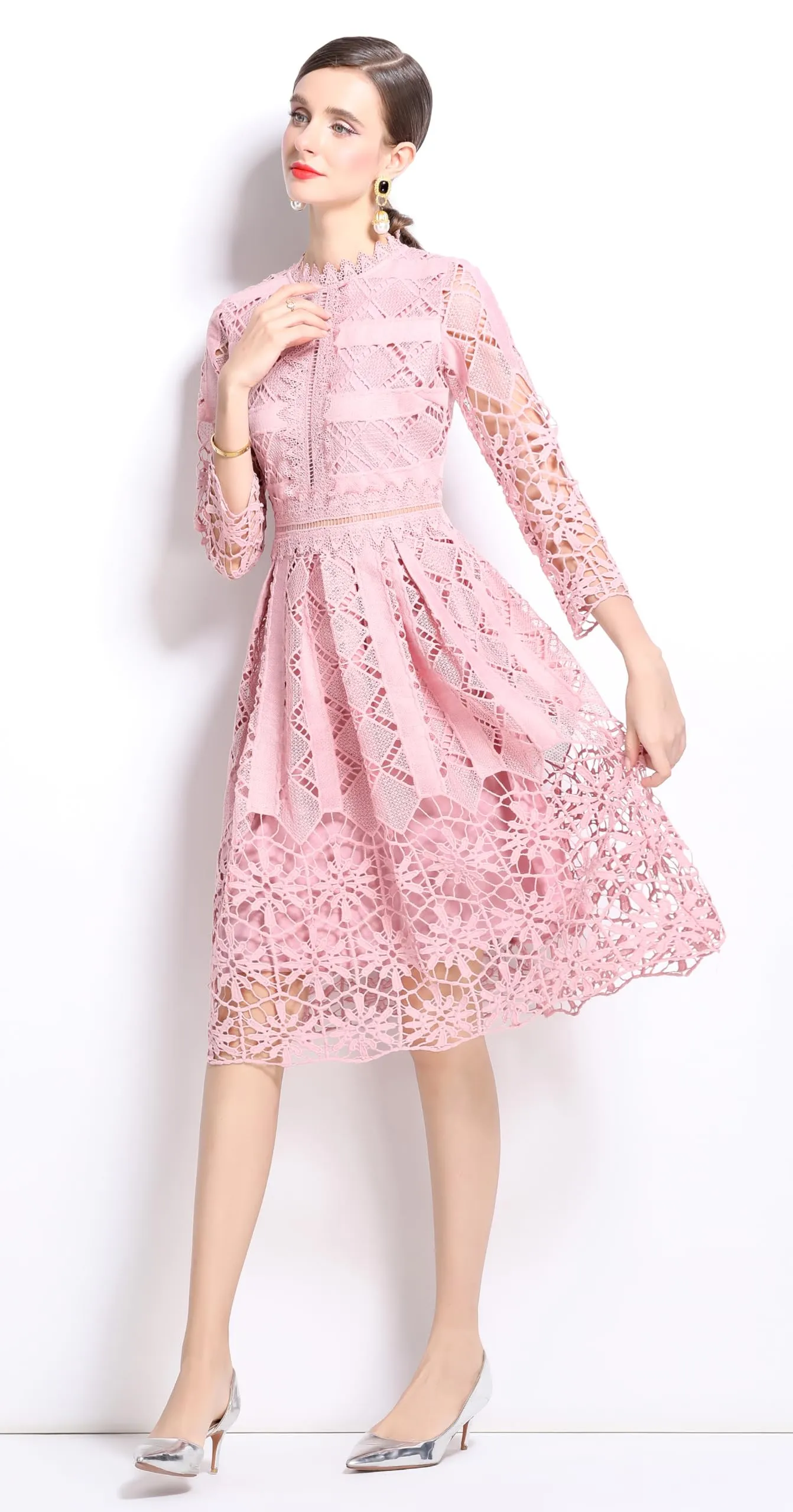 Womens 2/3 Sleeve Wedding Midi Dress