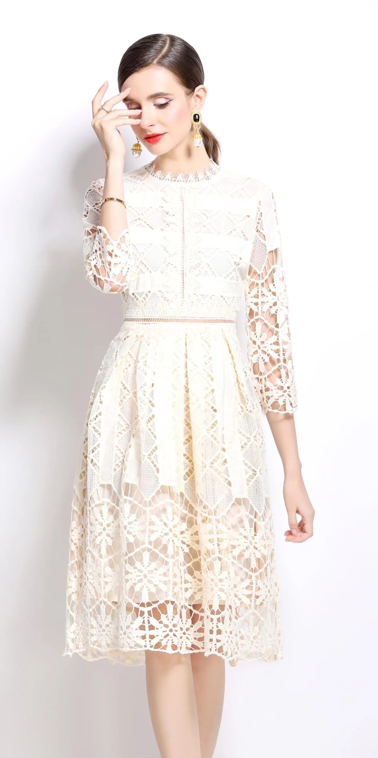 Womens 2/3 Sleeve Wedding Midi Dress