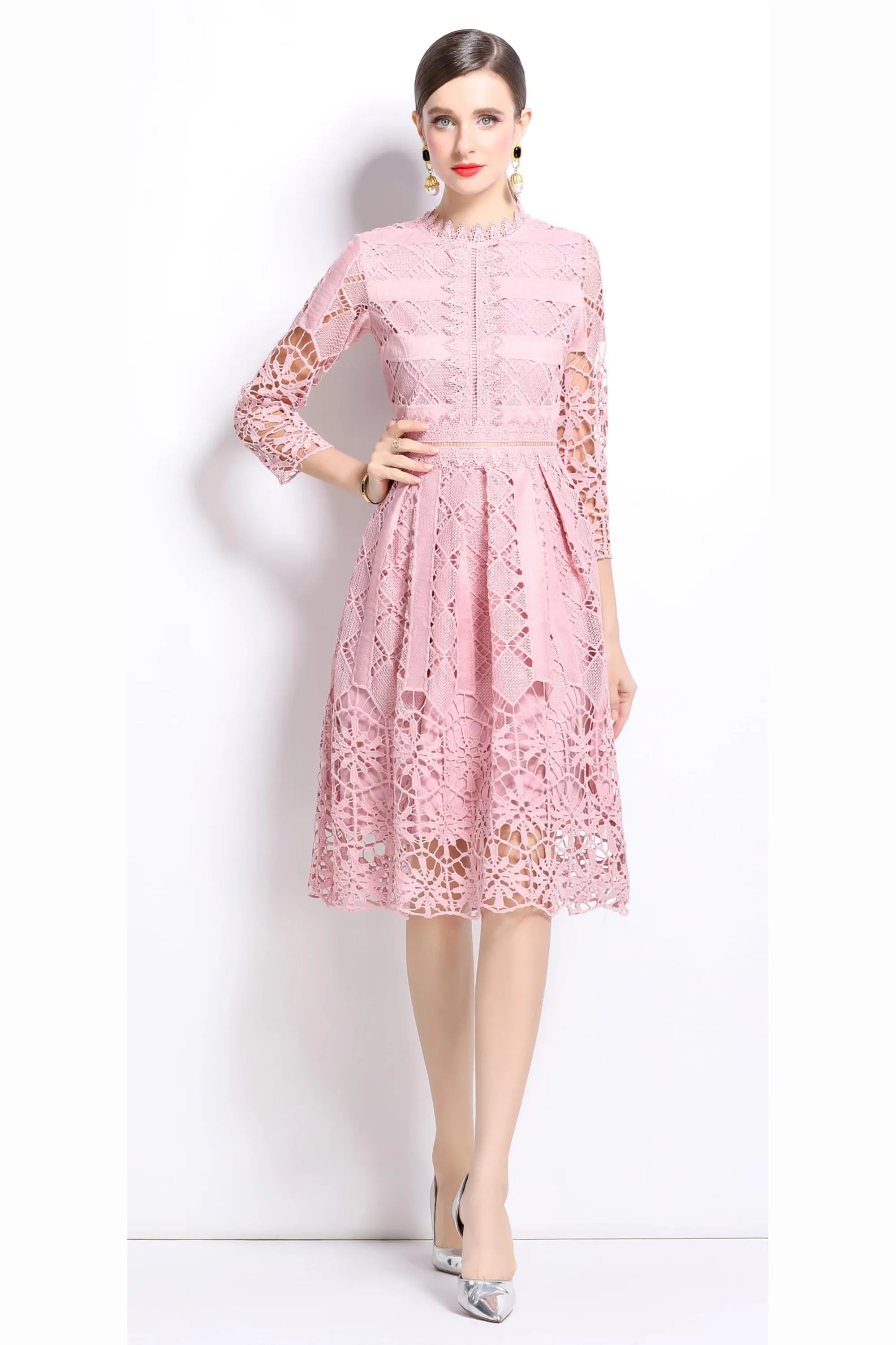 Womens 2/3 Sleeve Wedding Midi Dress