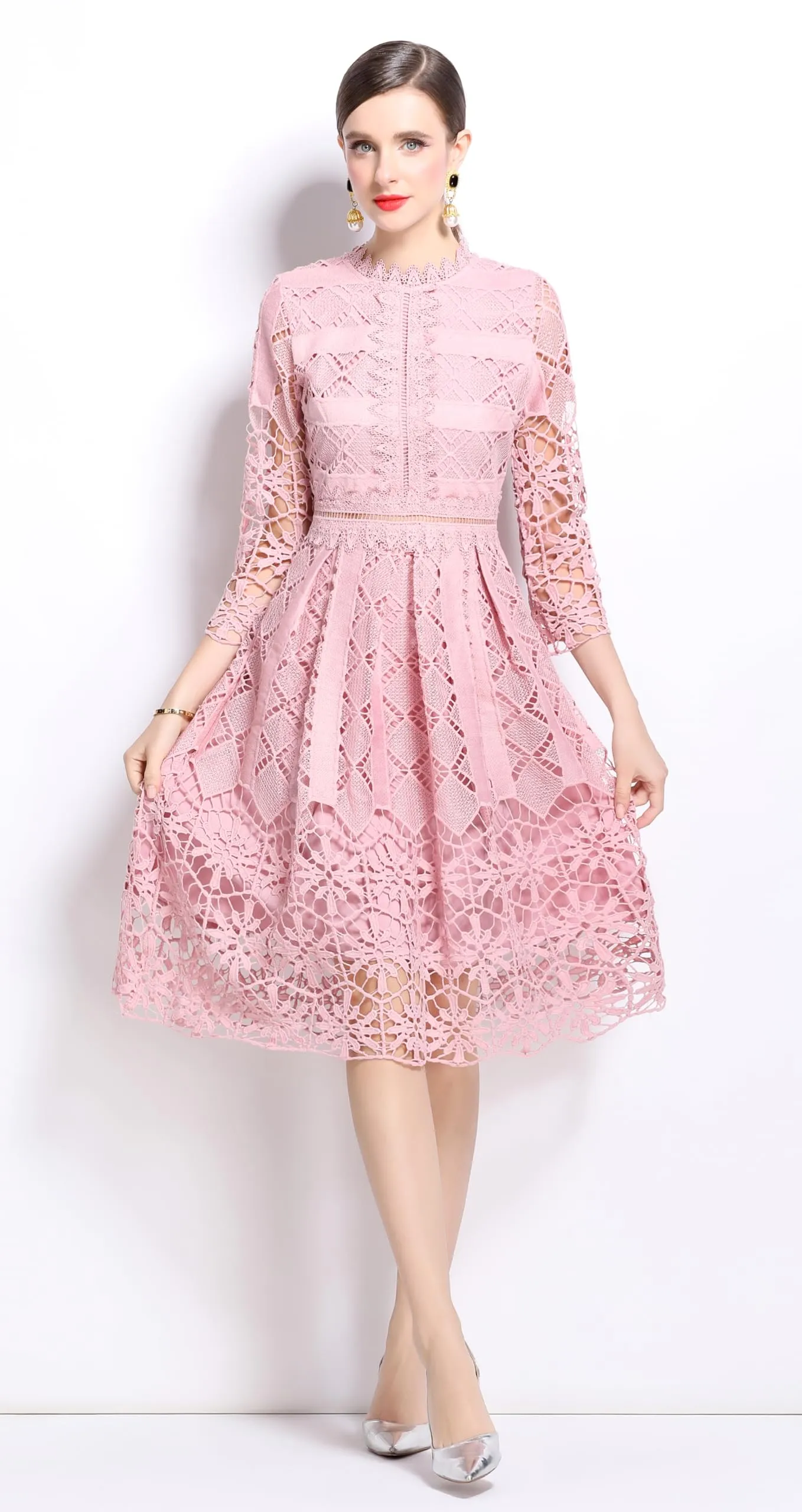 Womens 2/3 Sleeve Wedding Midi Dress