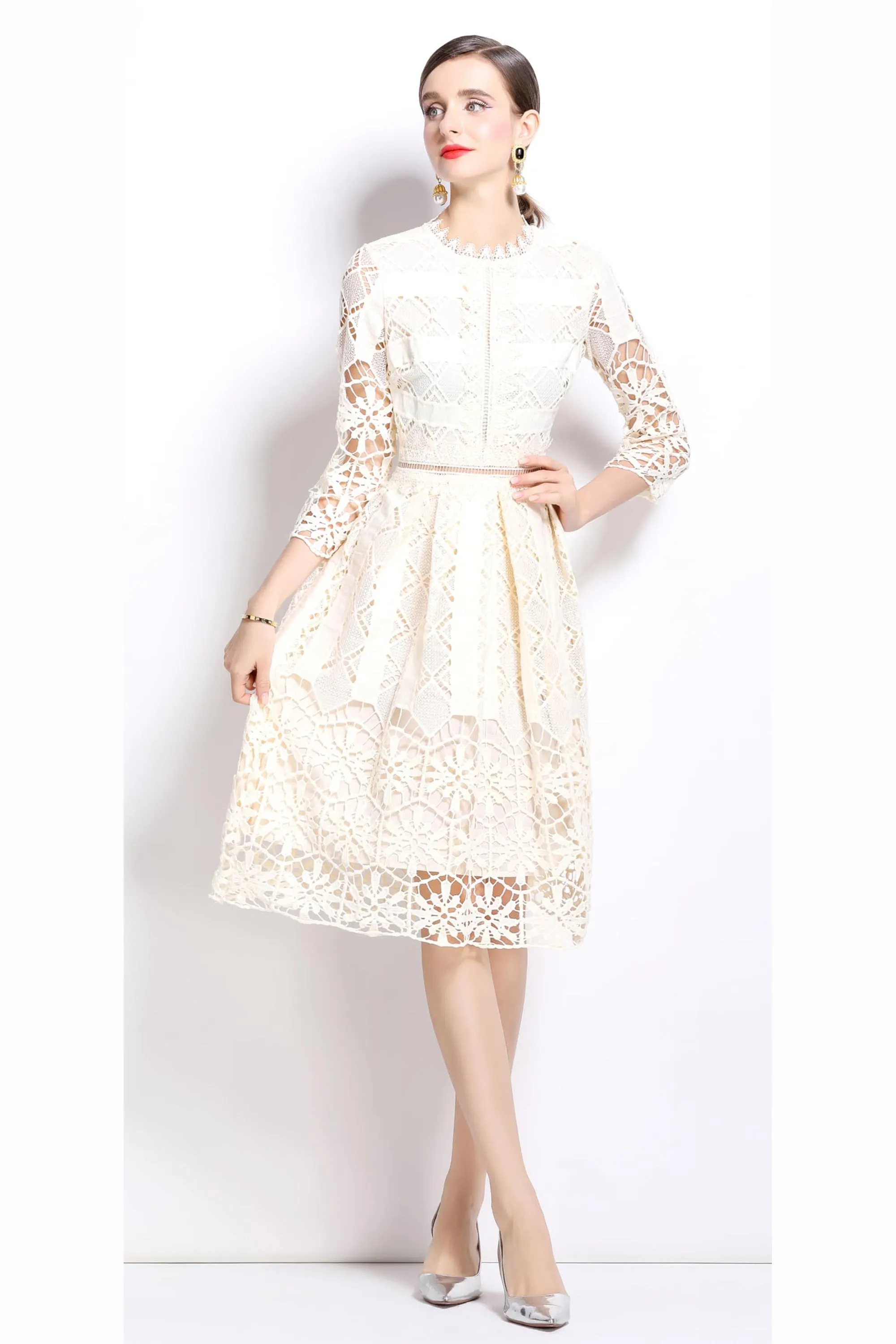 Womens 2/3 Sleeve Wedding Midi Dress