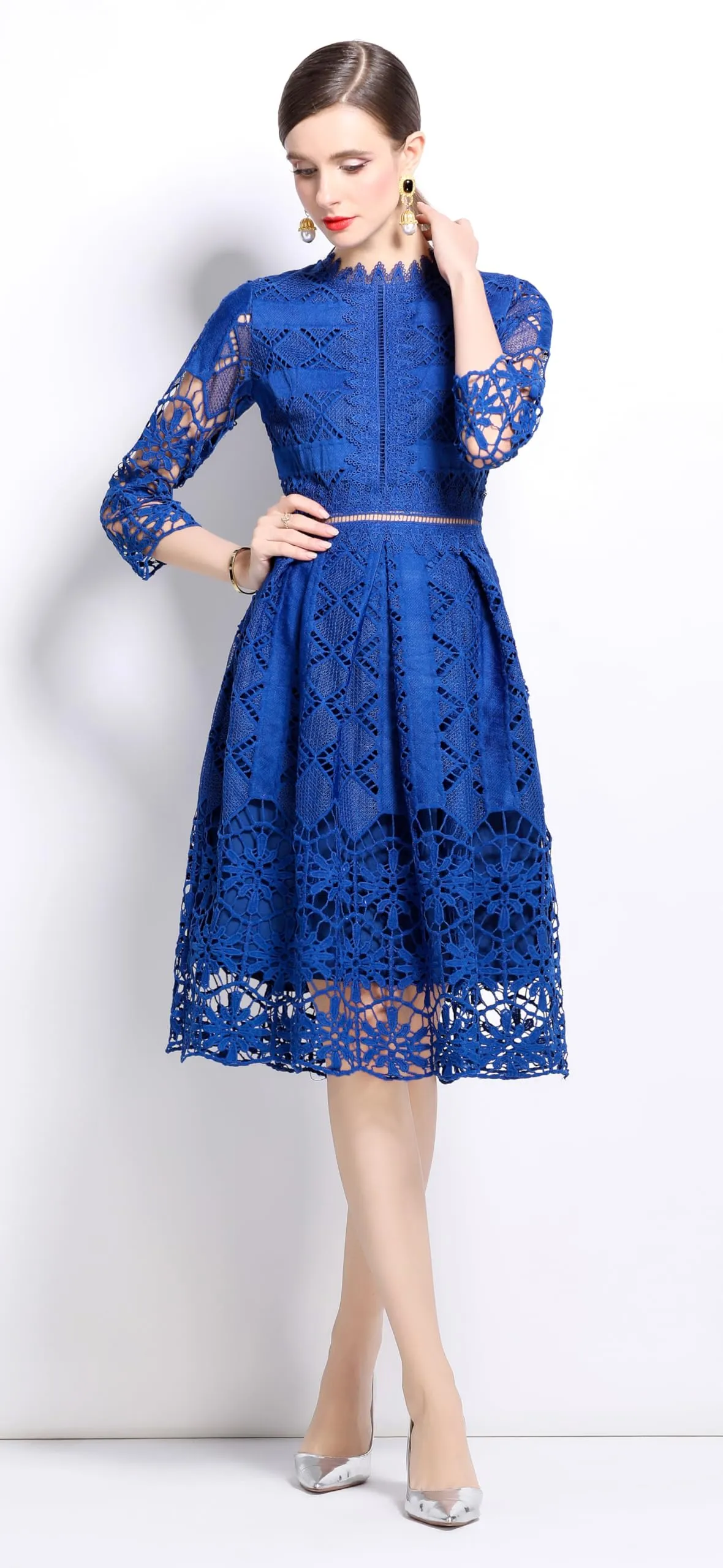 Womens 2/3 Sleeve Wedding Midi Dress