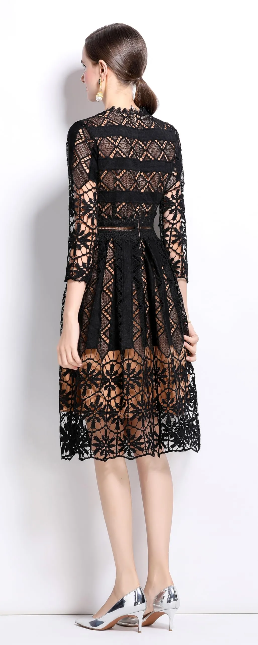 Womens 2/3 Sleeve Wedding Midi Dress