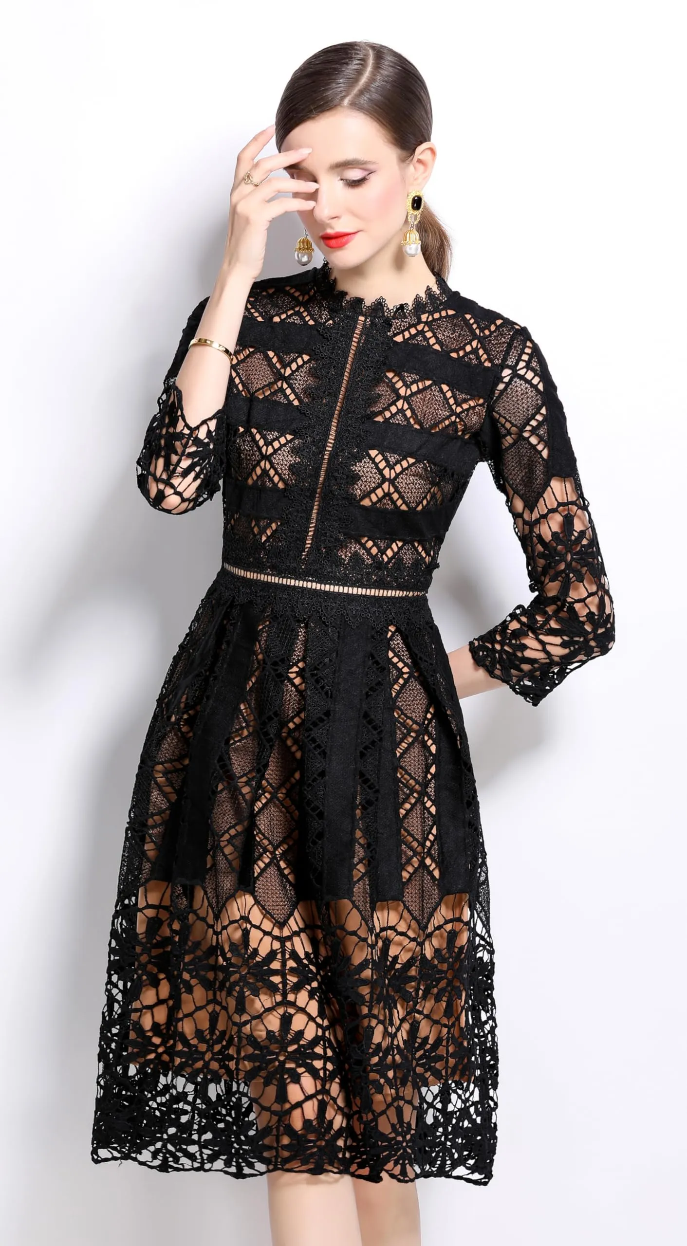 Womens 2/3 Sleeve Wedding Midi Dress