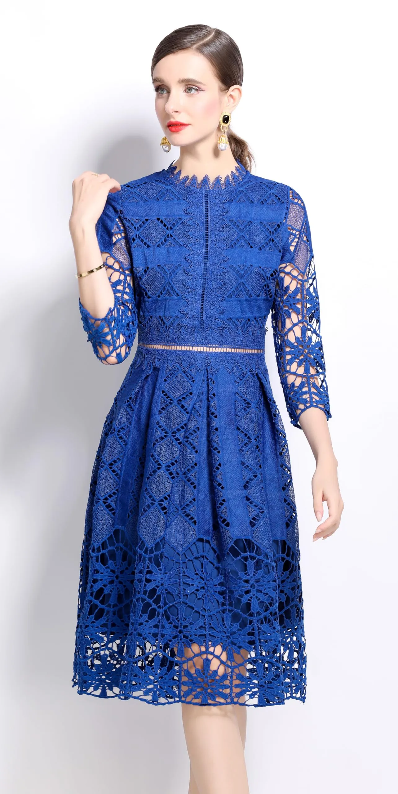 Womens 2/3 Sleeve Wedding Midi Dress