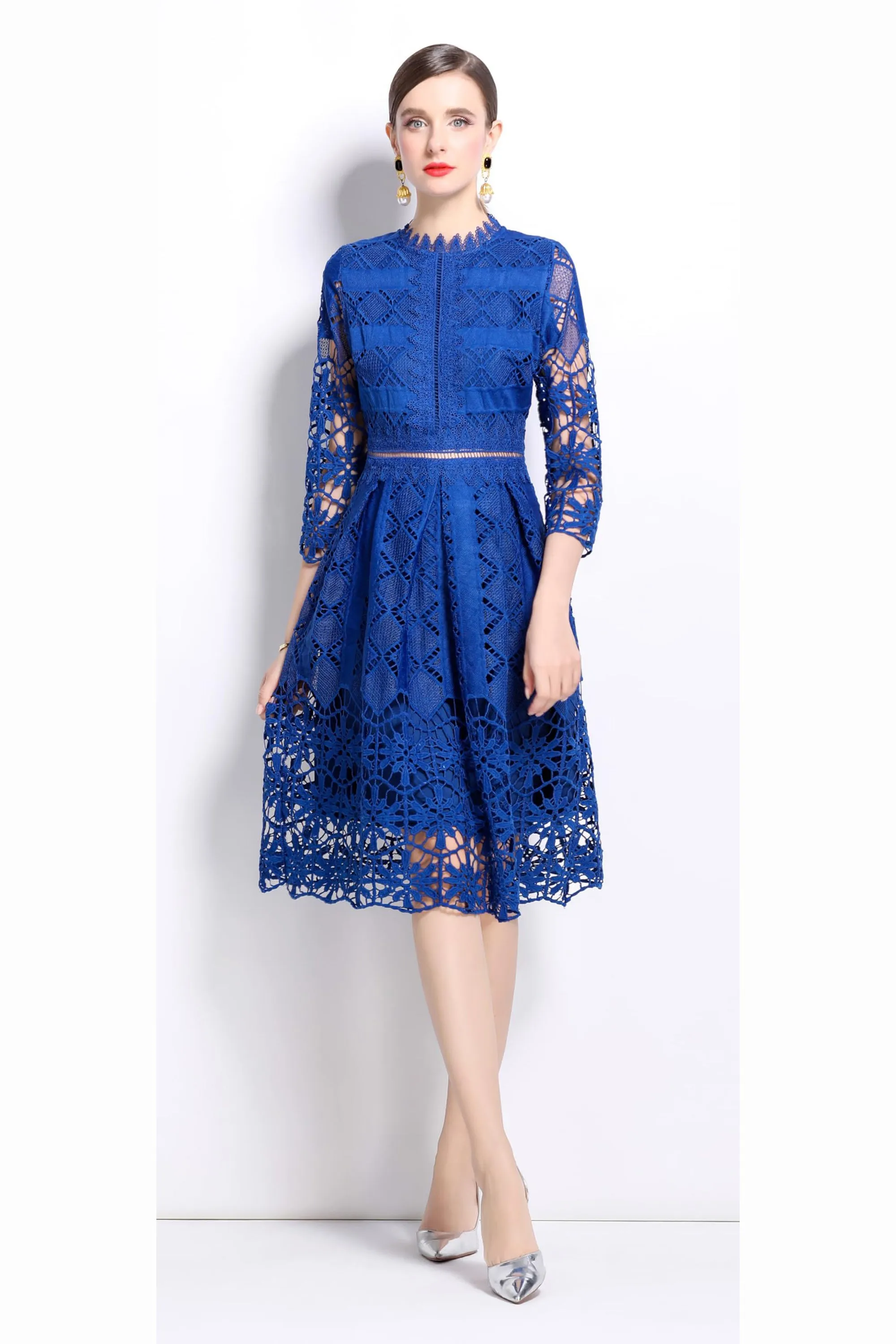 Womens 2/3 Sleeve Wedding Midi Dress