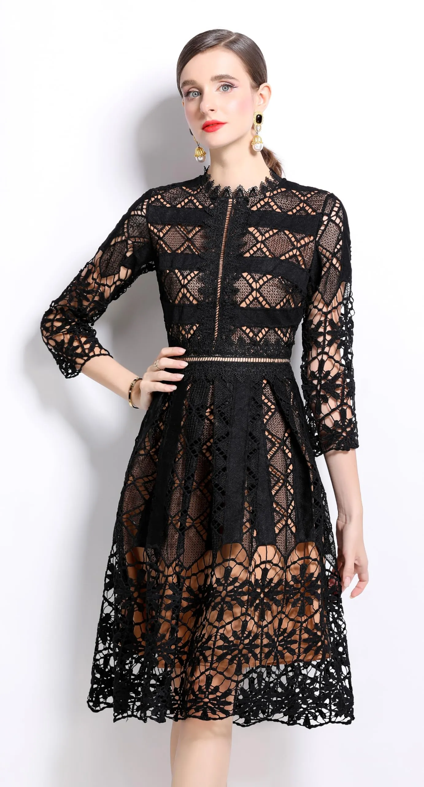 Womens 2/3 Sleeve Wedding Midi Dress